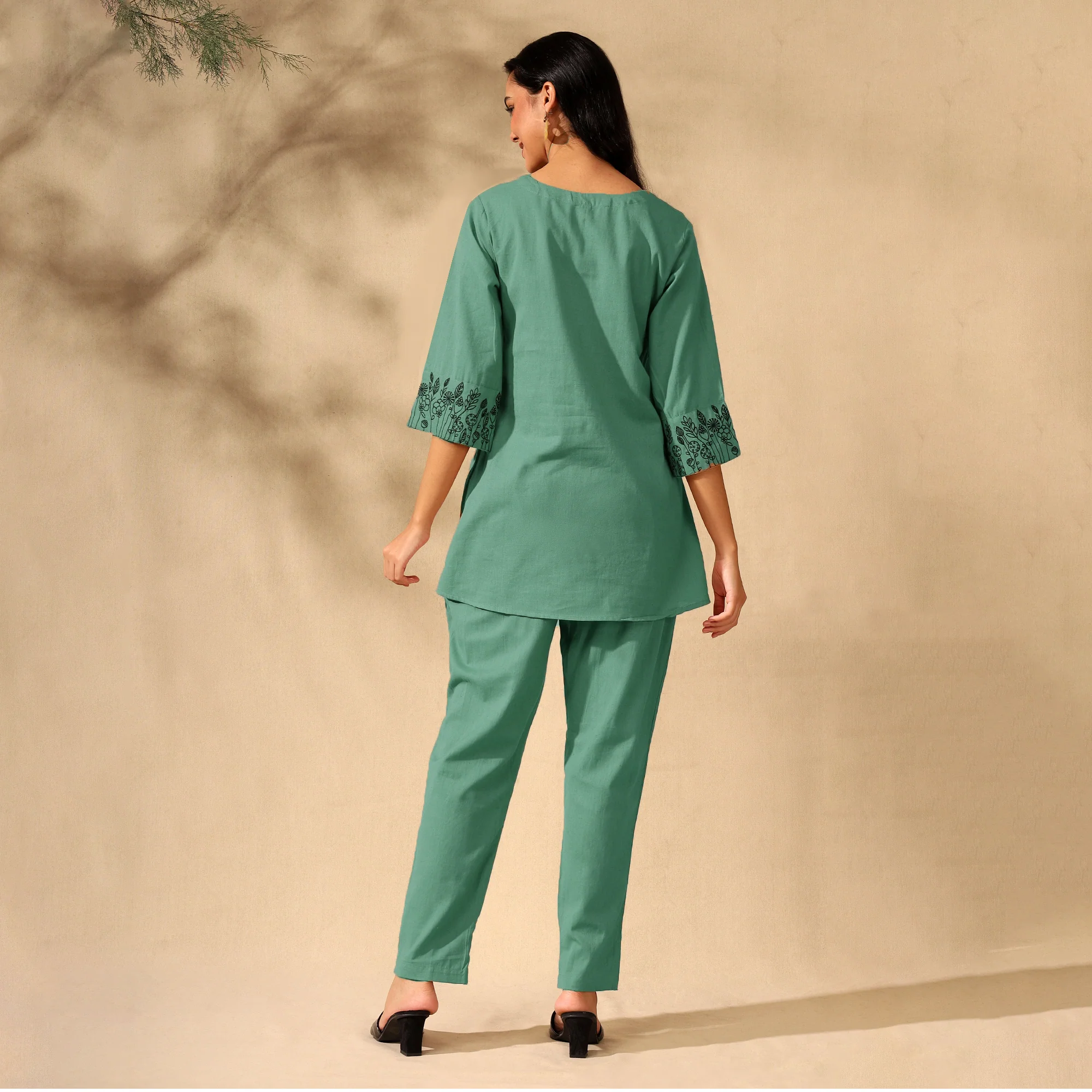 BOTANICAL EMBROIDERED COTTON CORD SET FOR WOMEN | KURTI AND PANTS COORDINATED SET | GREEN - Image 3