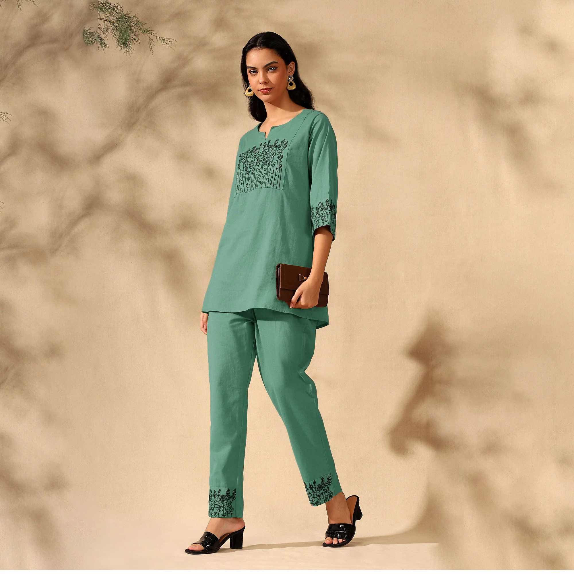BOTANICAL EMBROIDERED COTTON CORD SET FOR WOMEN | KURTI AND PANTS COORDINATED SET | GREEN - Image 4