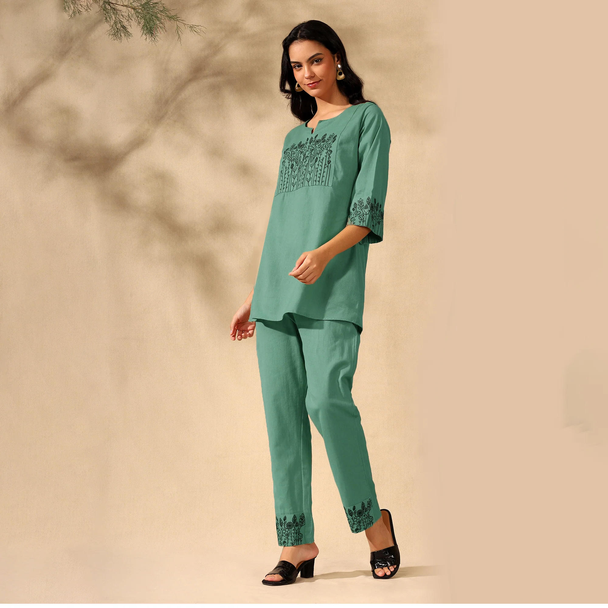 BOTANICAL EMBROIDERED COTTON CORD SET FOR WOMEN | KURTI AND PANTS COORDINATED SET | GREEN - Image 6