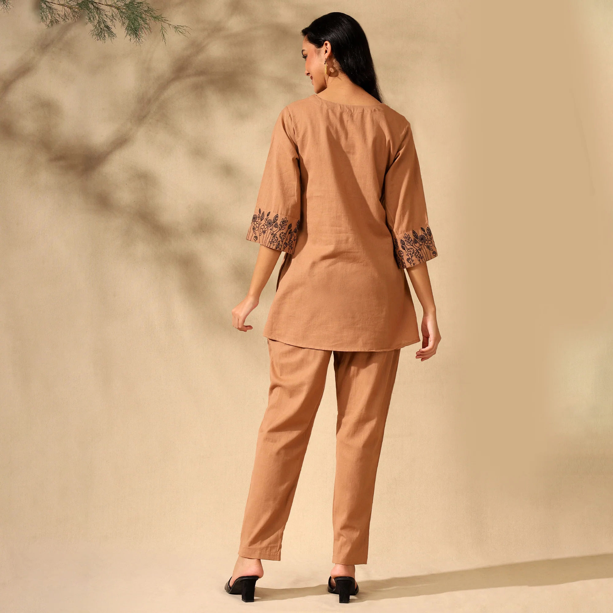 BOTANICAL EMBROIDERED COTTON CORD SET FOR WOMEN | KURTI AND PANTS COORDINATED SET | BEIGE - Image 3