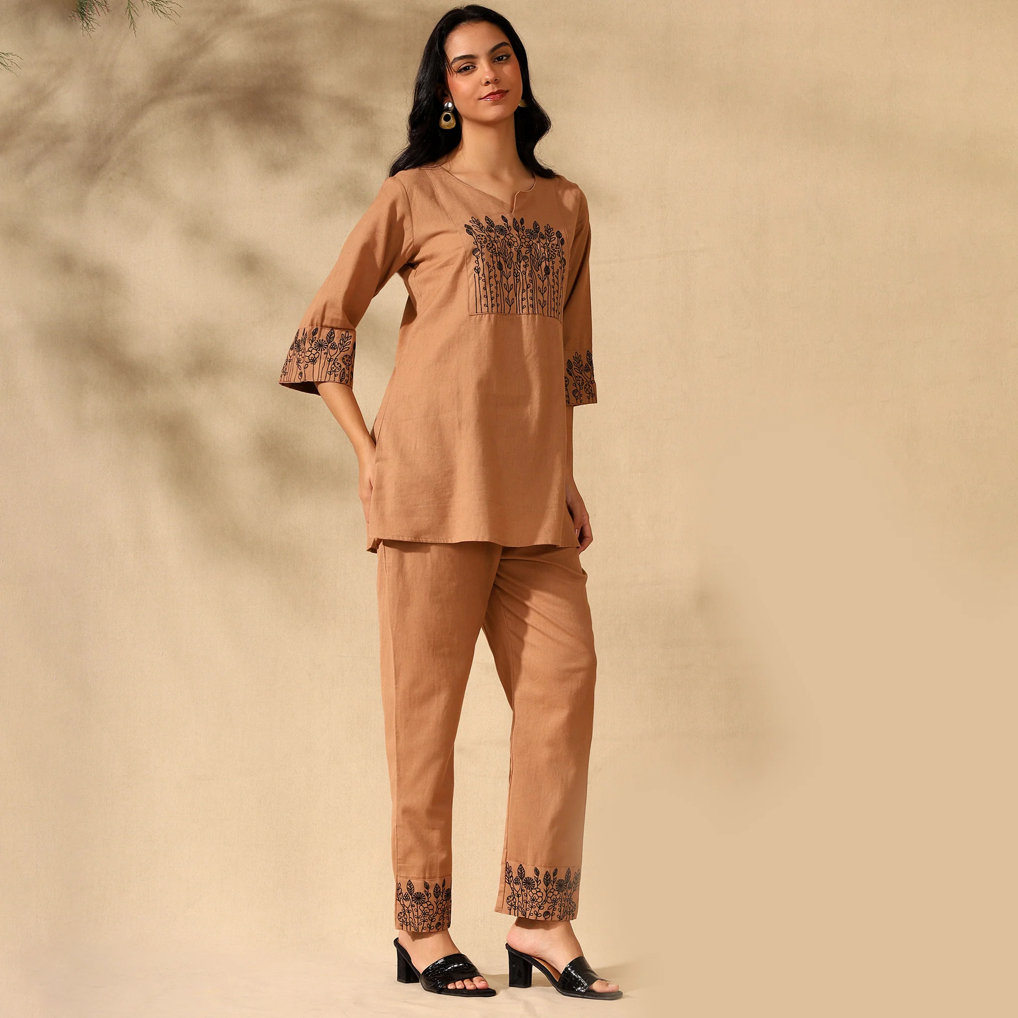 BOTANICAL EMBROIDERED COTTON CORD SET FOR WOMEN | KURTI AND PANTS COORDINATED SET | BEIGE - Image 4