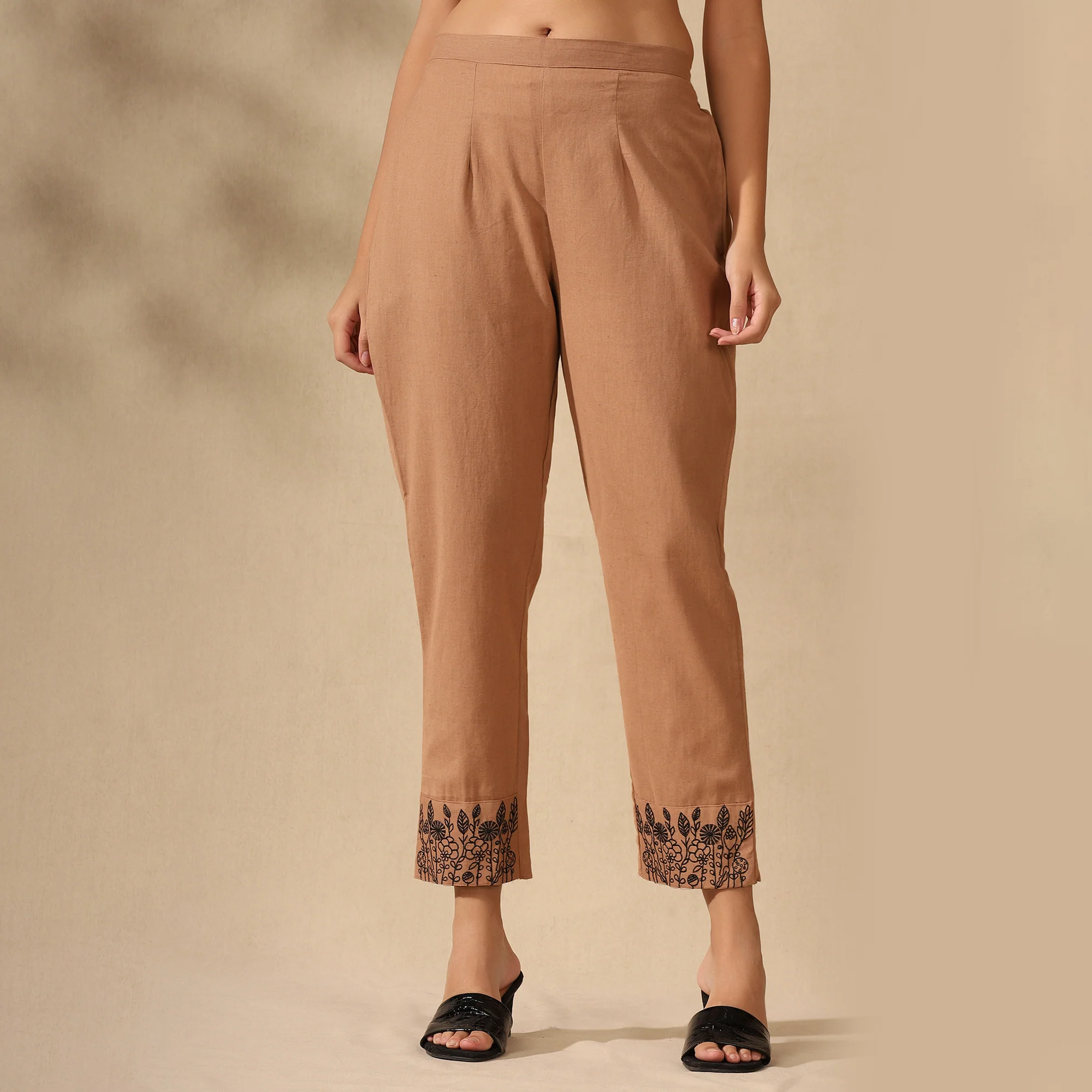 BOTANICAL EMBROIDERED COTTON CORD SET FOR WOMEN | KURTI AND PANTS COORDINATED SET | BEIGE - Image 5