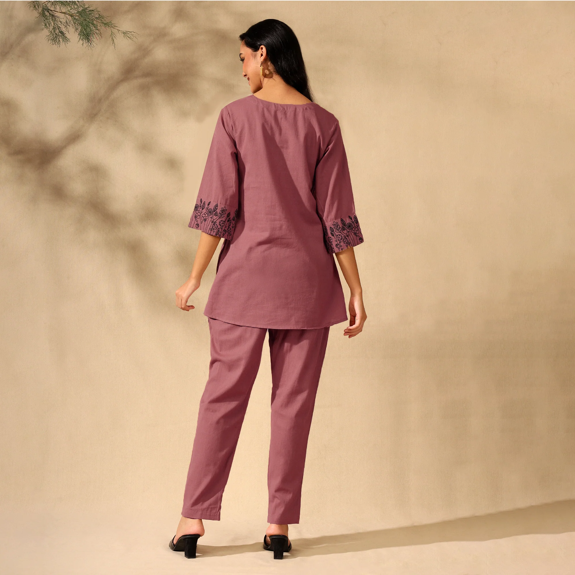 BOTANICAL EMBROIDERED COTTON CORD SET FOR WOMEN | KURTI AND PANTS COORDINATED SET | PINK - Image 3