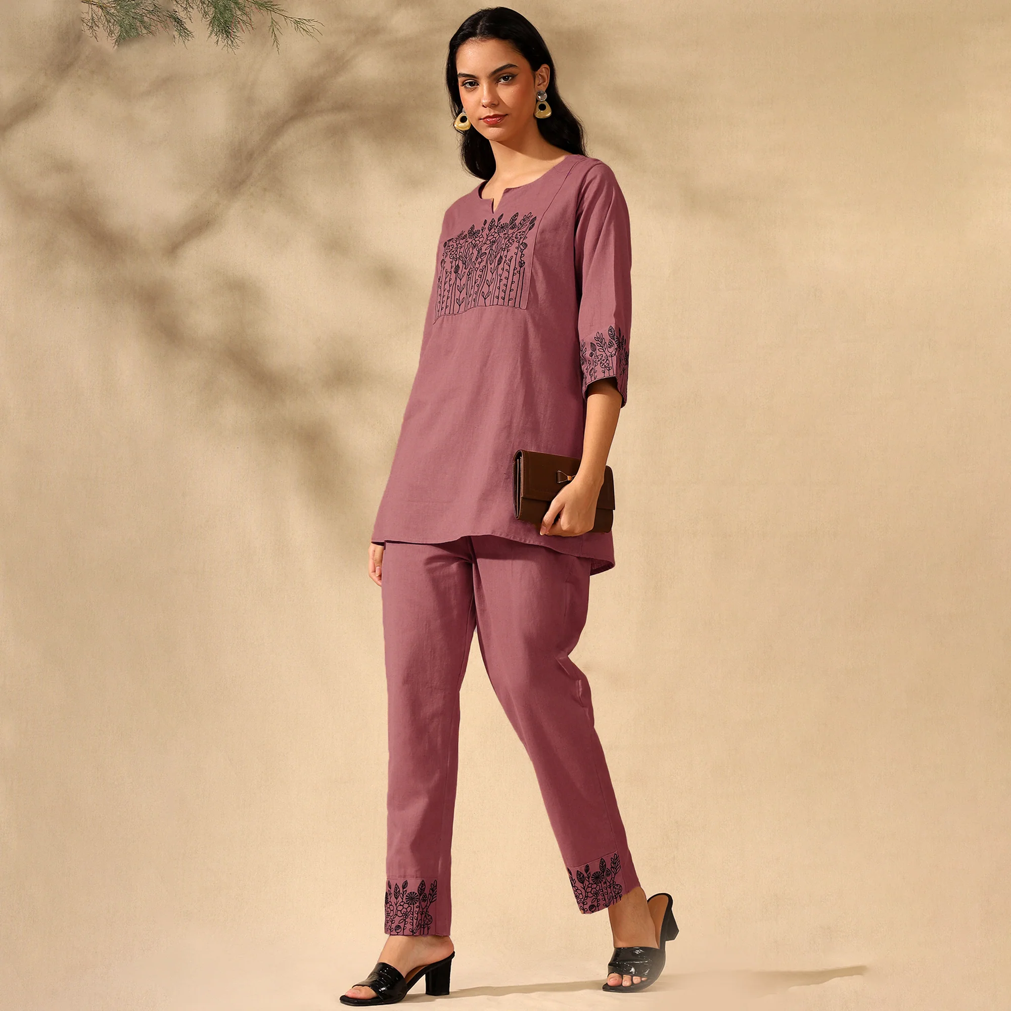 BOTANICAL EMBROIDERED COTTON CORD SET FOR WOMEN | KURTI AND PANTS COORDINATED SET | PINK - Image 4
