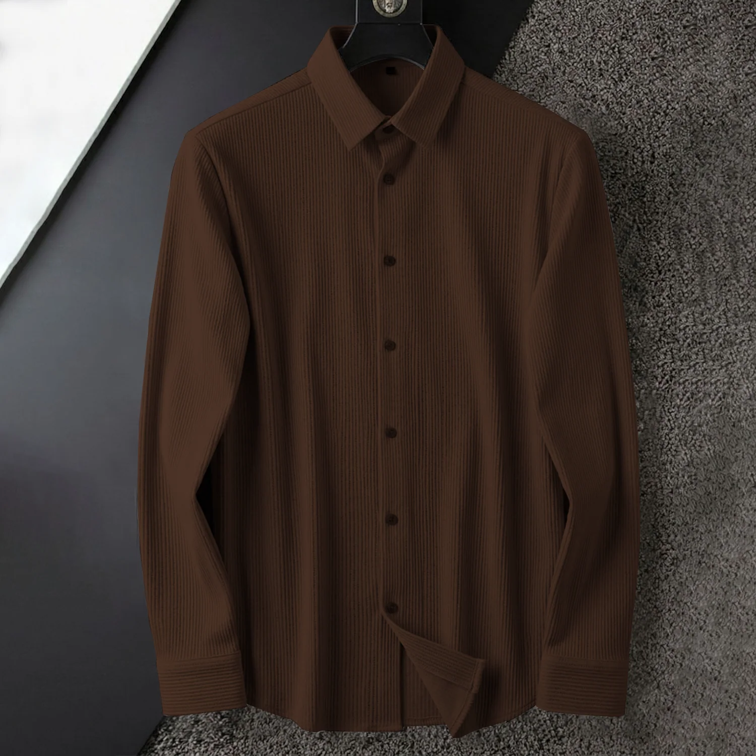 Corduroy Inspired Self-Cord Casual Shirts for Men Blended Fabric - Brown - Image 3