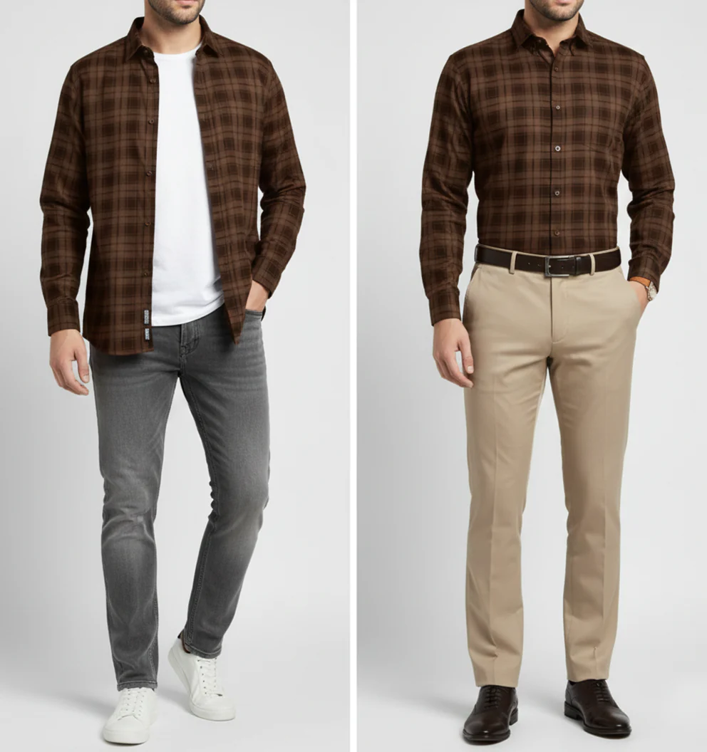 FORMAL COTTON CHECK SHIRTS FOR MEN - Brown Plaid (Long Sleeve) - Image 3