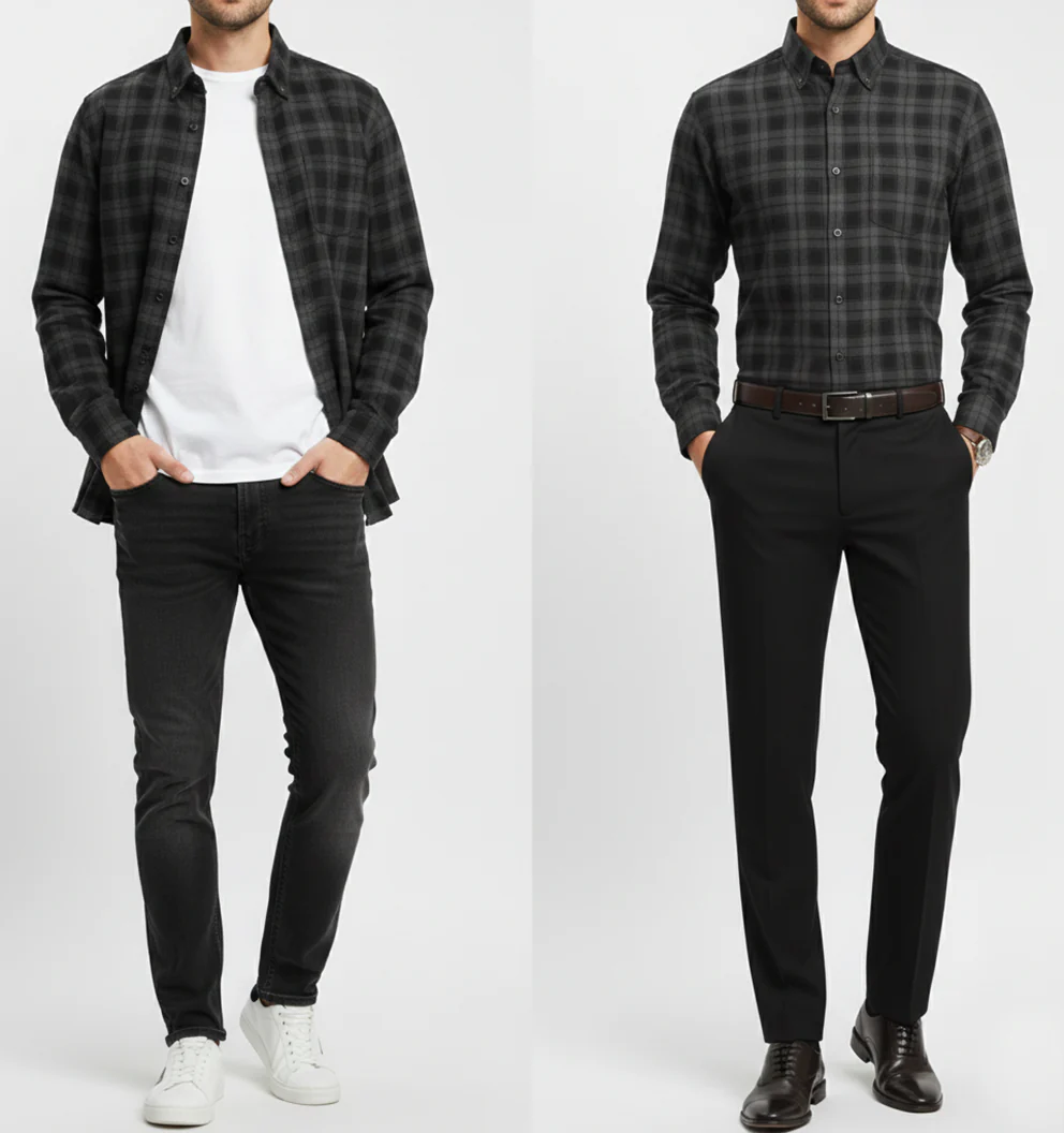 FORMAL COTTON CHECK SHIRTS FOR MEN - Dark Grey Plaid (Long Sleeve) - Image 3
