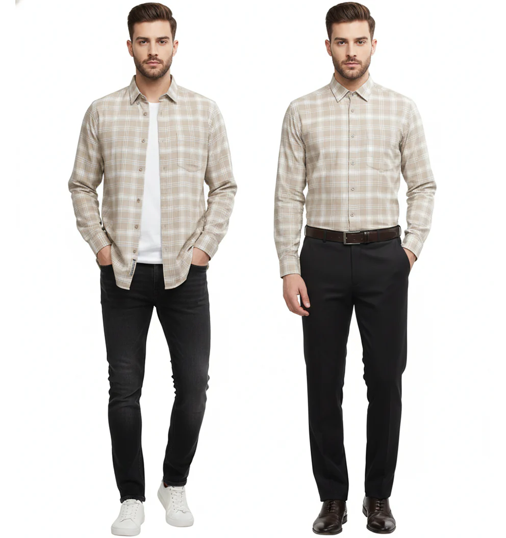 FORMAL COTTON CHECK SHIRTS FOR MEN - Light Brown Plaid (Long Sleeve) - Image 3
