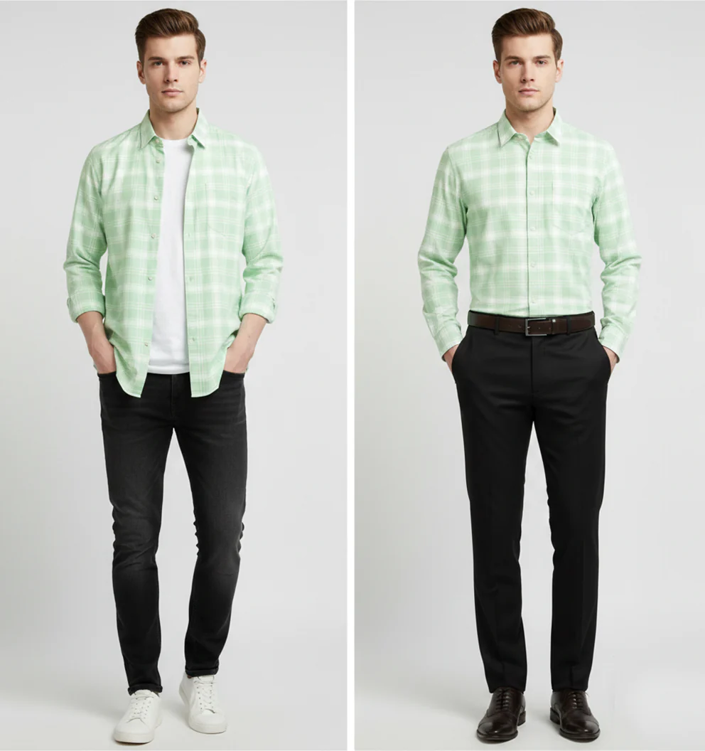 FORMAL COTTON CHECK SHIRTS FOR MEN - Light Green Plaid (Long Sleeve) - Image 3