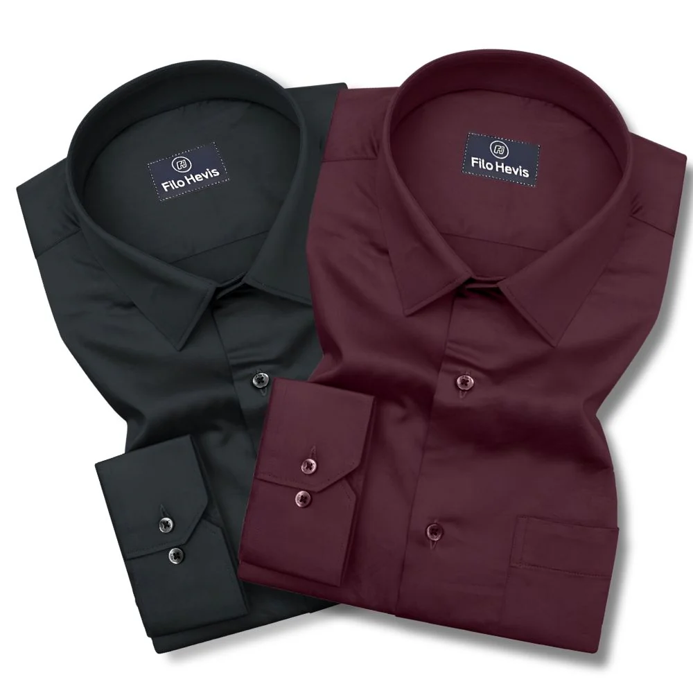 Combo of 2 Premium Cotton Formal Shirts – Black & Wine | Single Pocket | Smart Fit