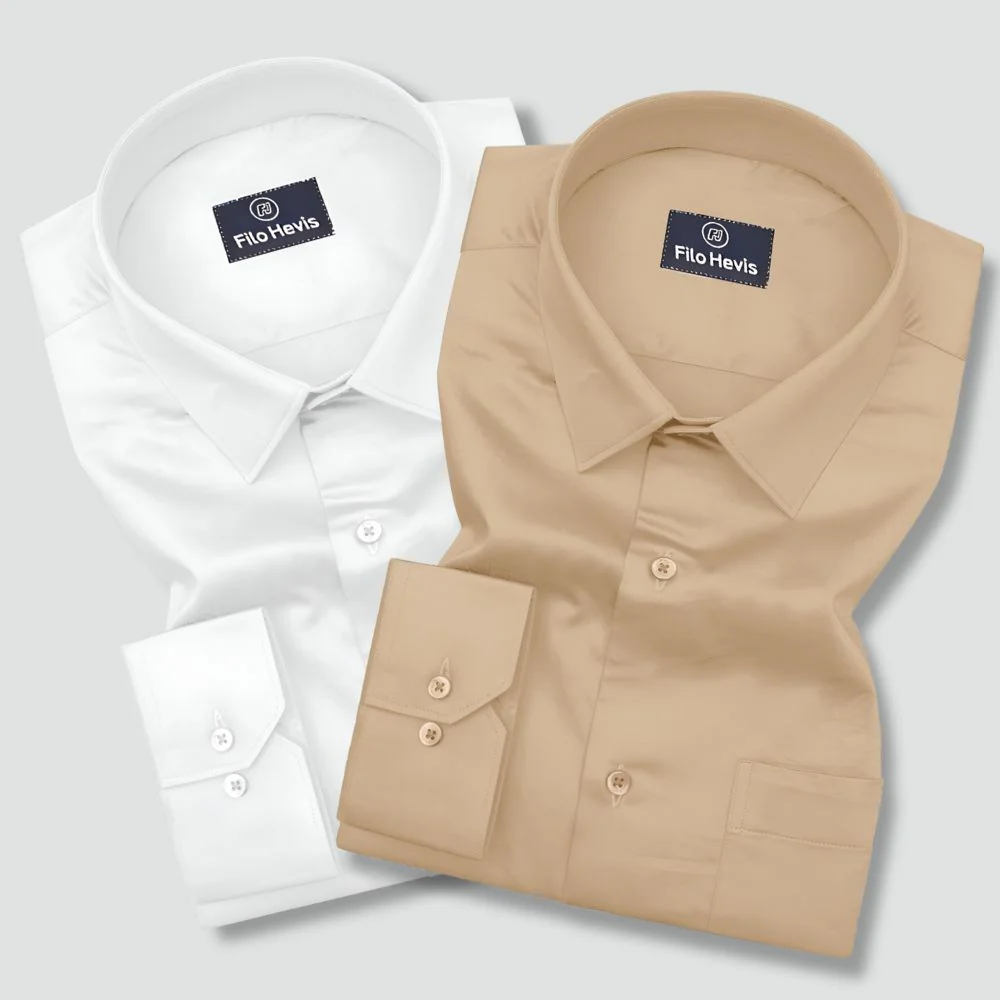 Combo of 2 Premium Cotton Formal Shirts – White & Cream | Single Pocket | Smart Fit