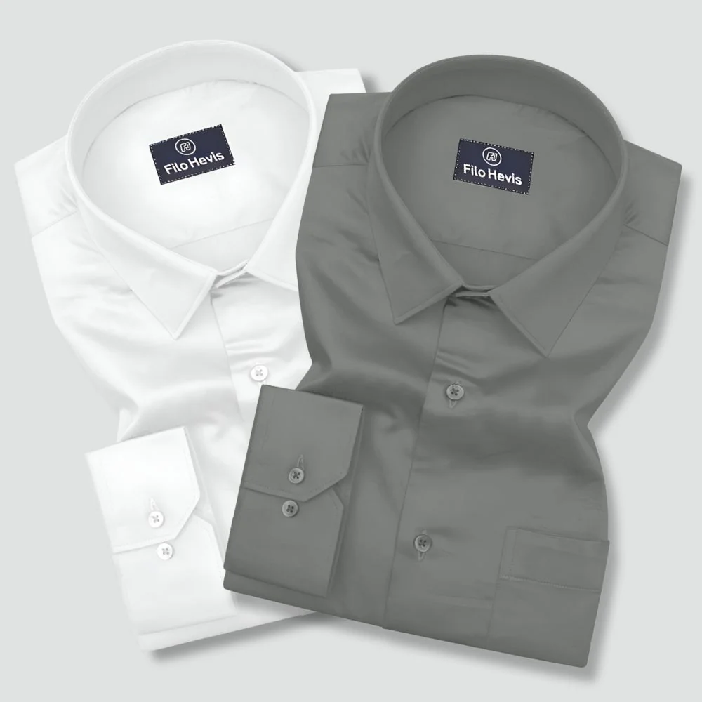 Combo of 2 Premium Cotton Formal Shirts – White & Grey | Single Pocket | Smart Fit