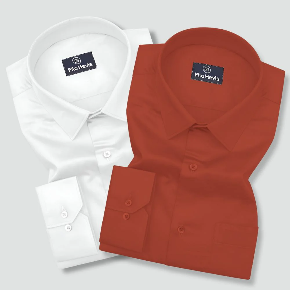 Combo of 2 Premium Cotton Formal Shirts – White & Orange | Single Pocket | Smart Fit