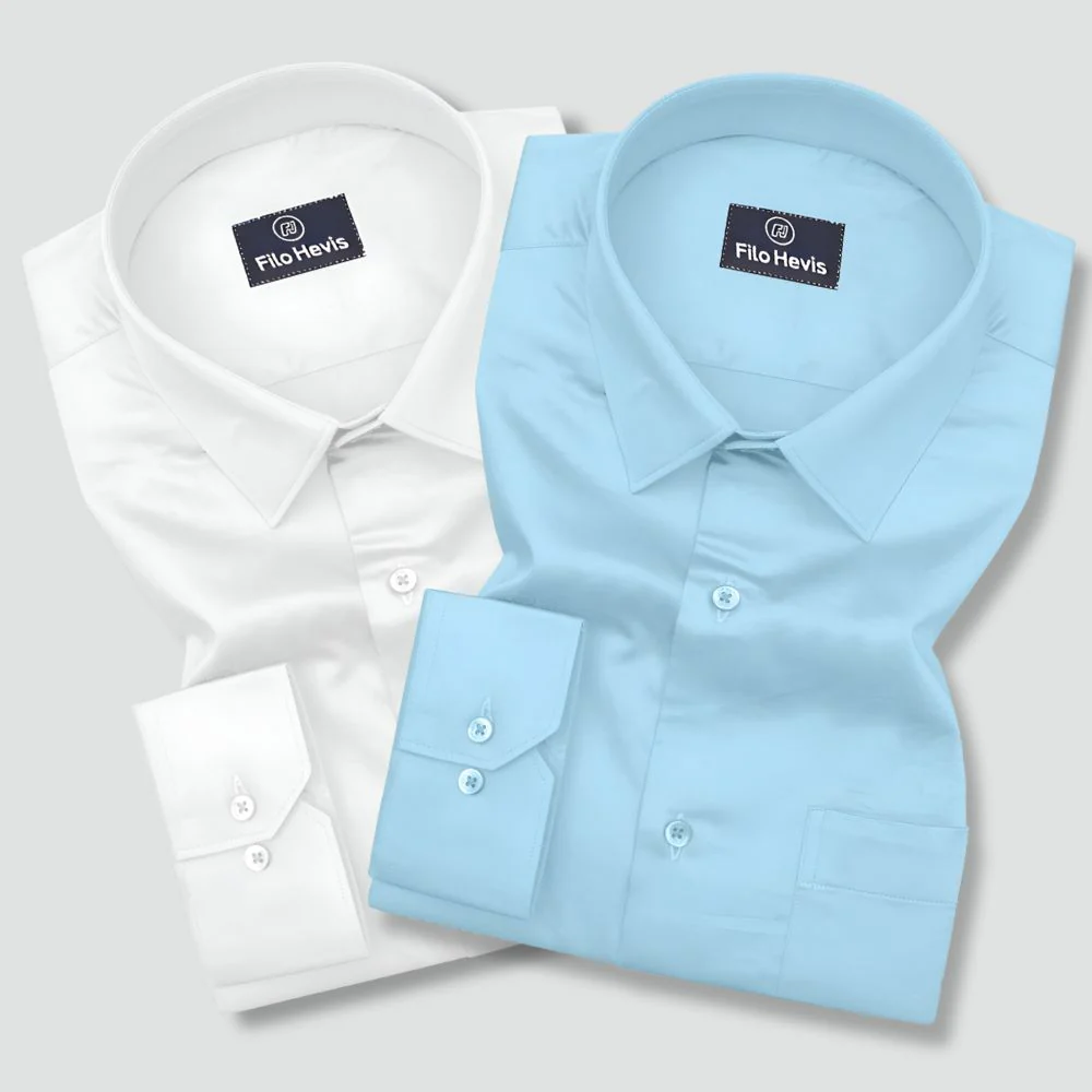 Combo of 2 Premium Cotton Formal Shirts – White & Sky | Single Pocket | Smart Fit