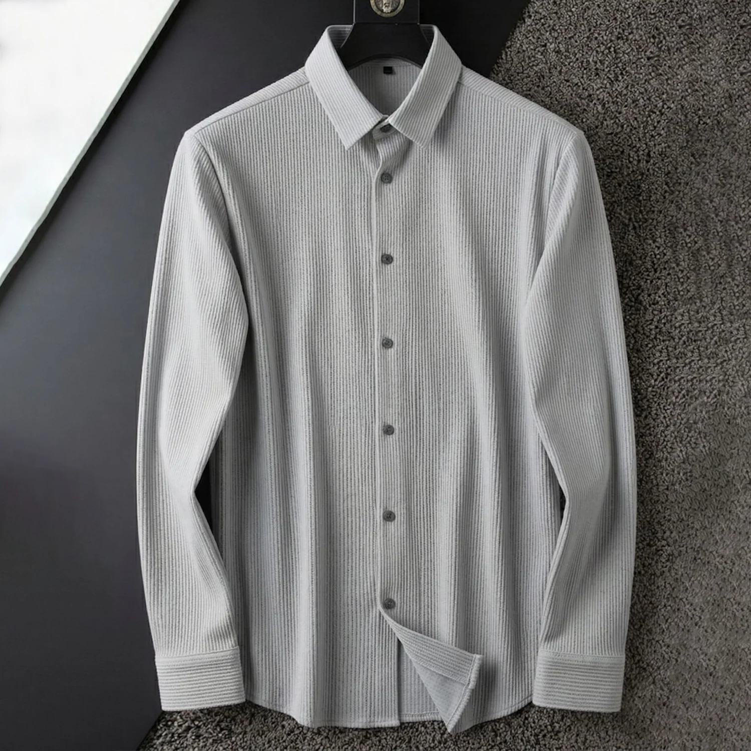 Corduroy Inspired Self-Cord Casual Shirts for Men Blended Fabric - Light Grey - Image 3