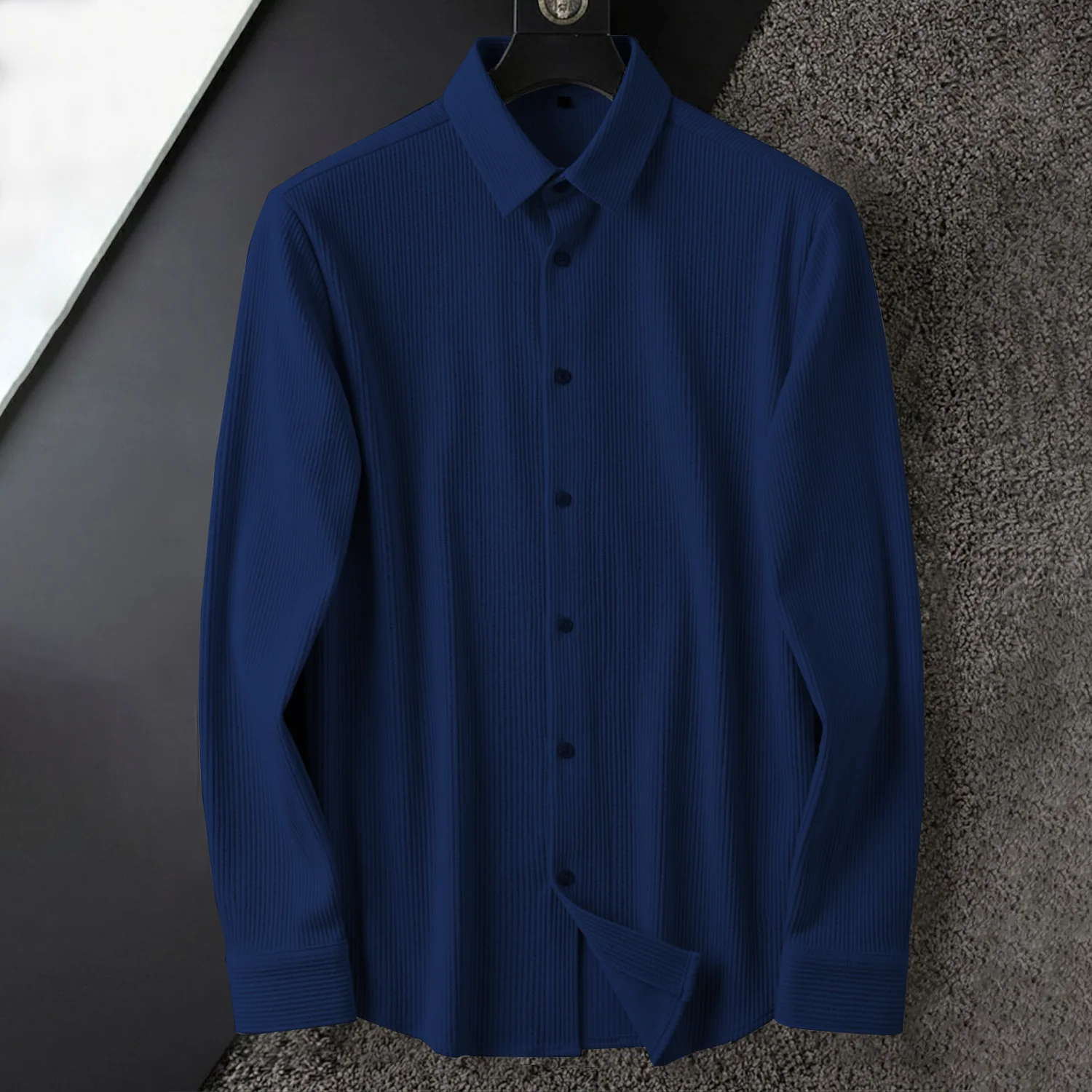 Corduroy Inspired Self-Cord Casual Shirts for Men Blended Fabric - Navy Blue - Image 3