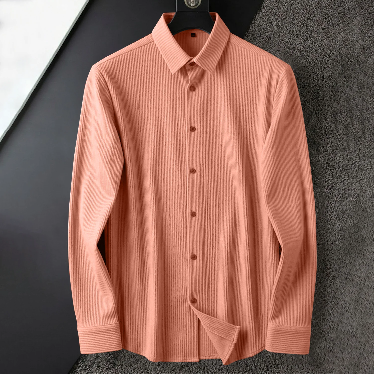 Corduroy Inspired Self-Cord Casual Shirts for Men Blended Fabric - Peach - Image 3
