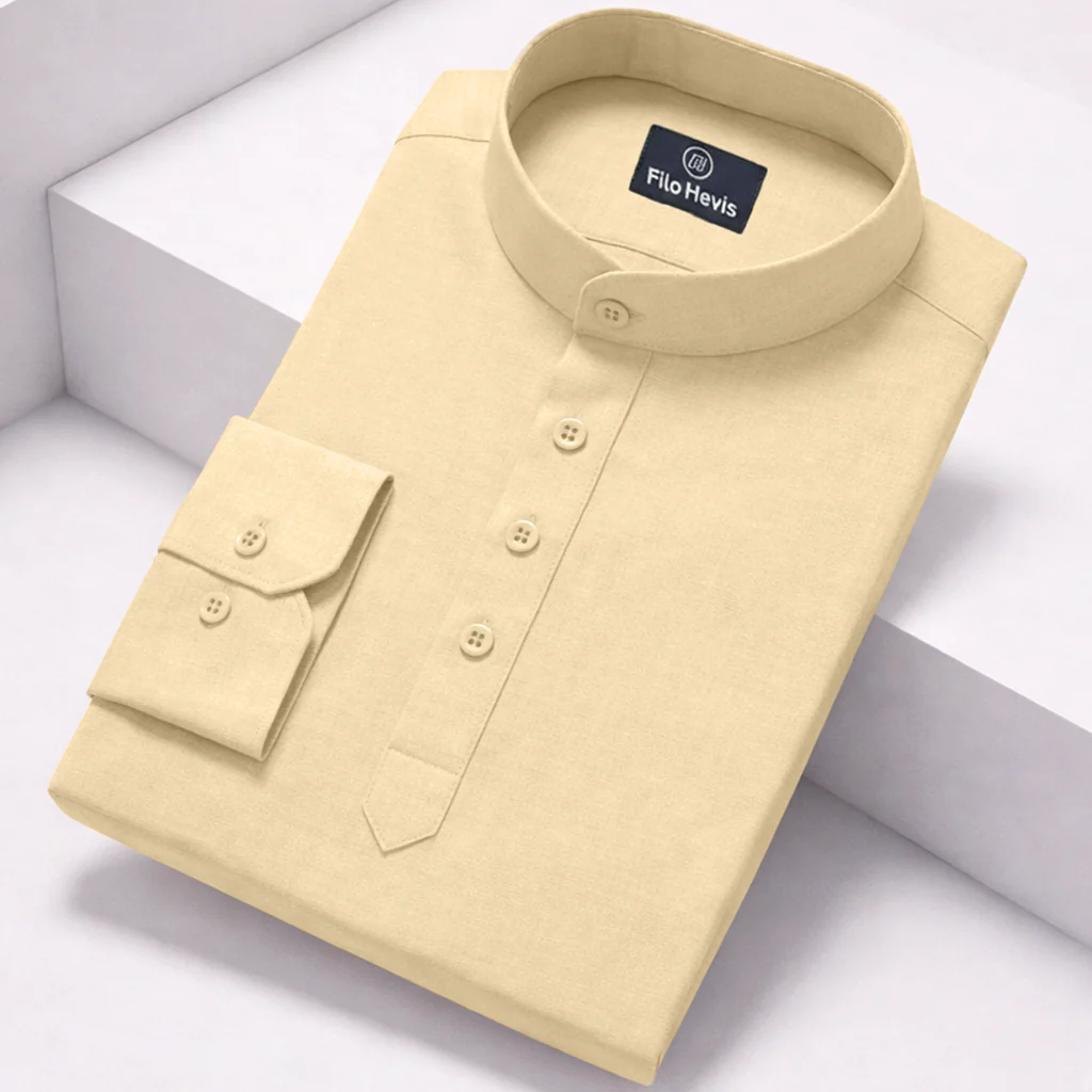 Cotton Chinese Collar Short Kurta for Men | Traditional Nehru Ethnic Shirts | Daily Wear-Cream