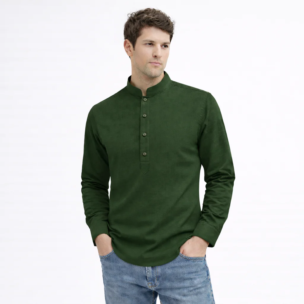 Cotton Chinese Collar Short Kurta for Men | Traditional Nehru Ethnic Shirts | Daily Wear-Dark Green/Phthalo Green - Image 3