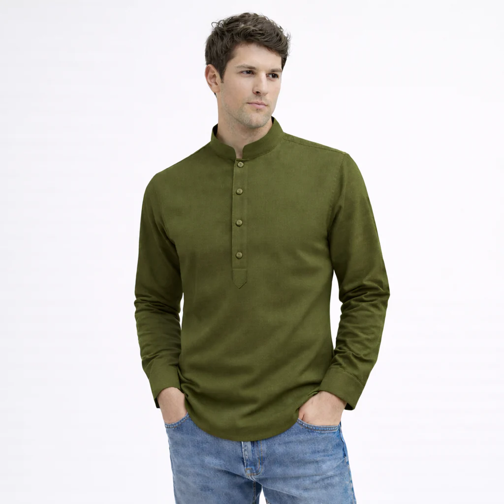 Cotton Chinese Collar Short Kurta for Men | Traditional Nehru Ethnic Shirts | Daily Wear-Olive Green - Image 3
