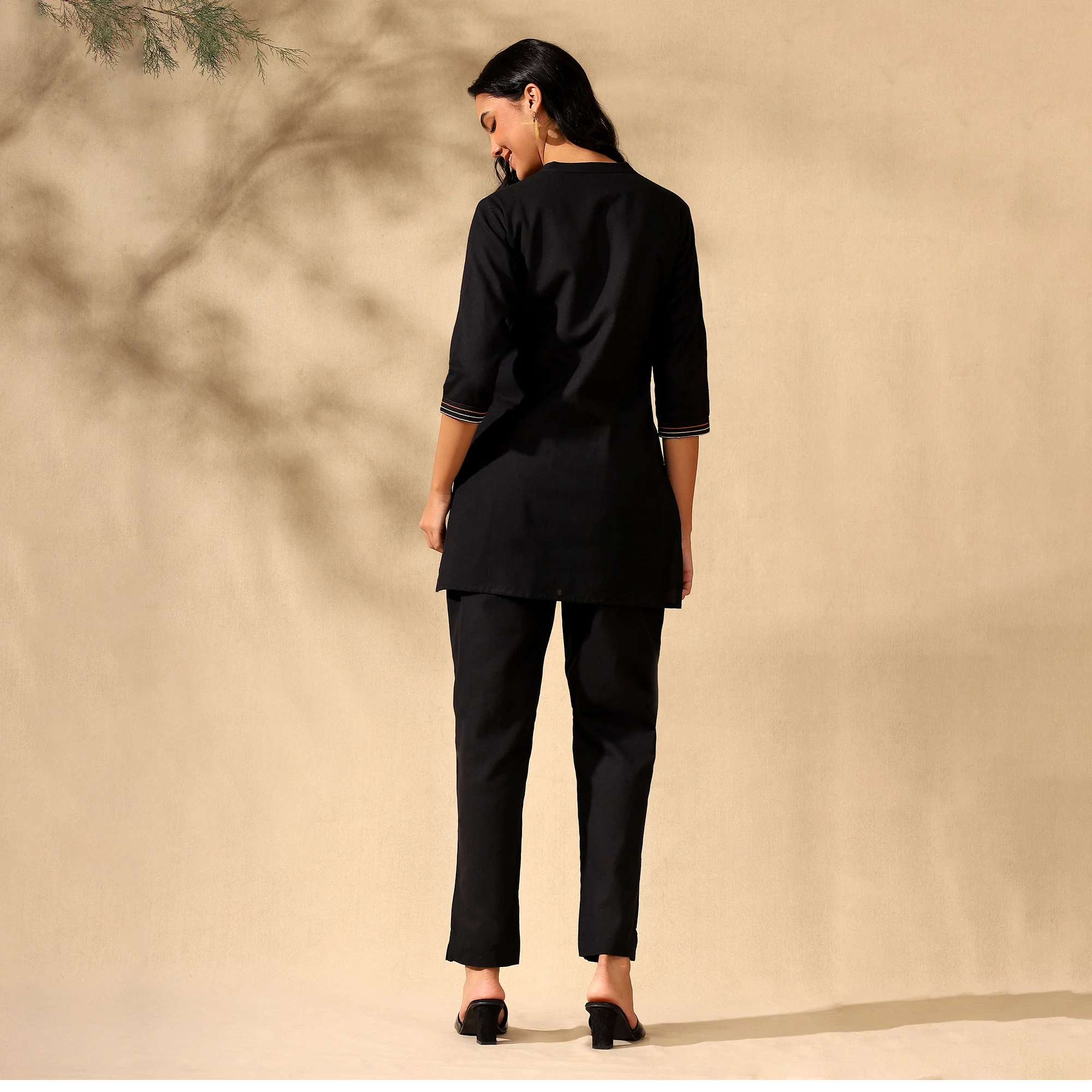 TRIBAL EMBROIDERED COTTON CORD SET FOR WOMEN | SHIRT-PANT FUSION WEAR | BLACK - Image 3
