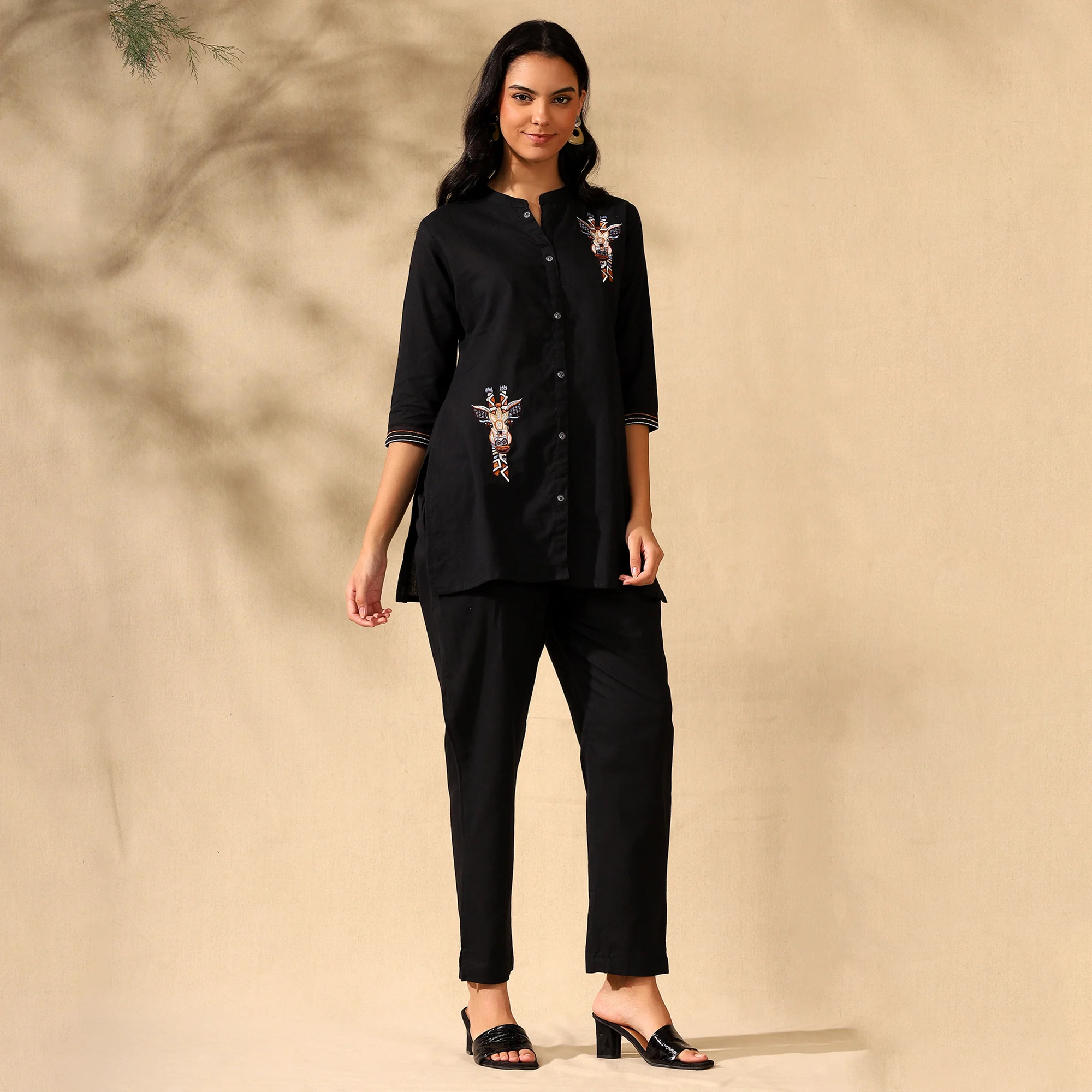TRIBAL EMBROIDERED COTTON CORD SET FOR WOMEN | SHIRT-PANT FUSION WEAR | BLACK - Image 4