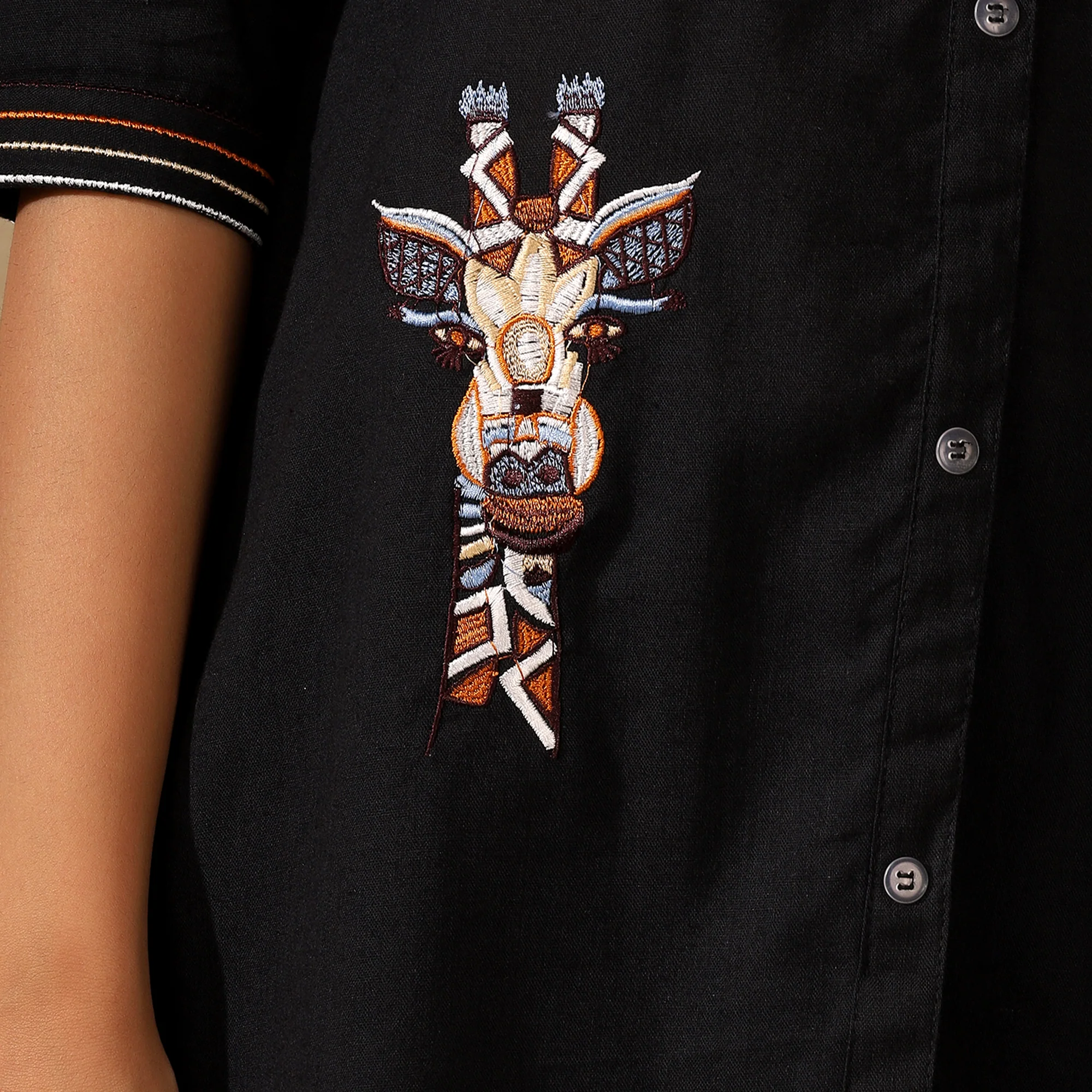 TRIBAL EMBROIDERED COTTON CORD SET FOR WOMEN | SHIRT-PANT FUSION WEAR | BLACK - Image 6
