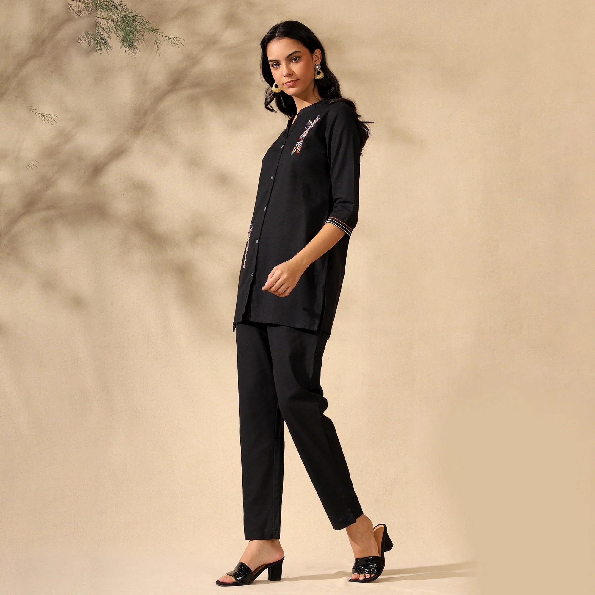 TRIBAL EMBROIDERED COTTON CORD SET FOR WOMEN | SHIRT-PANT FUSION WEAR | BLACK - Image 7