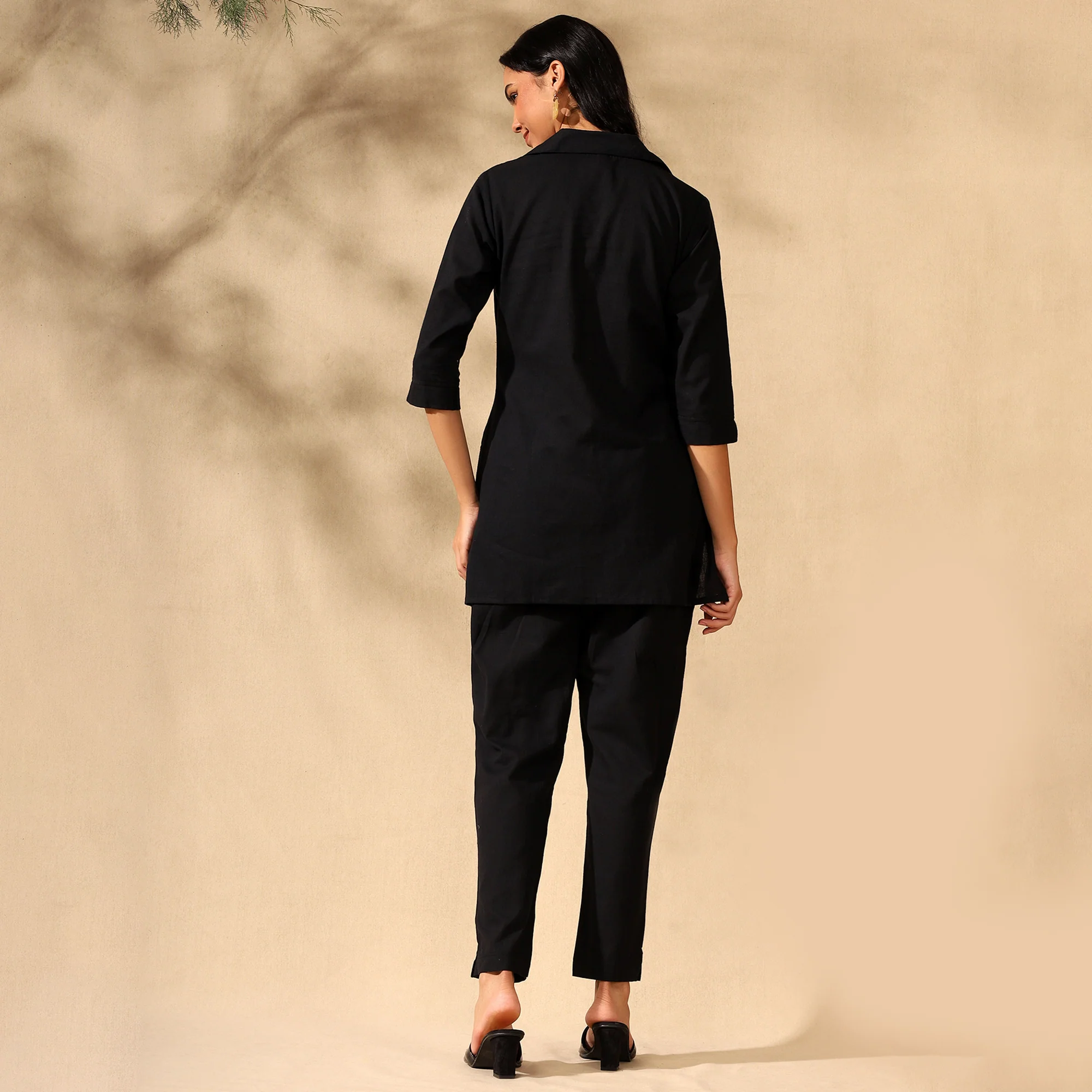 FLORAL EMBROIDERED COTTON CORD SET FOR WOMEN | SHIRT-PANT FUSION WEAR | BLACK - Image 3