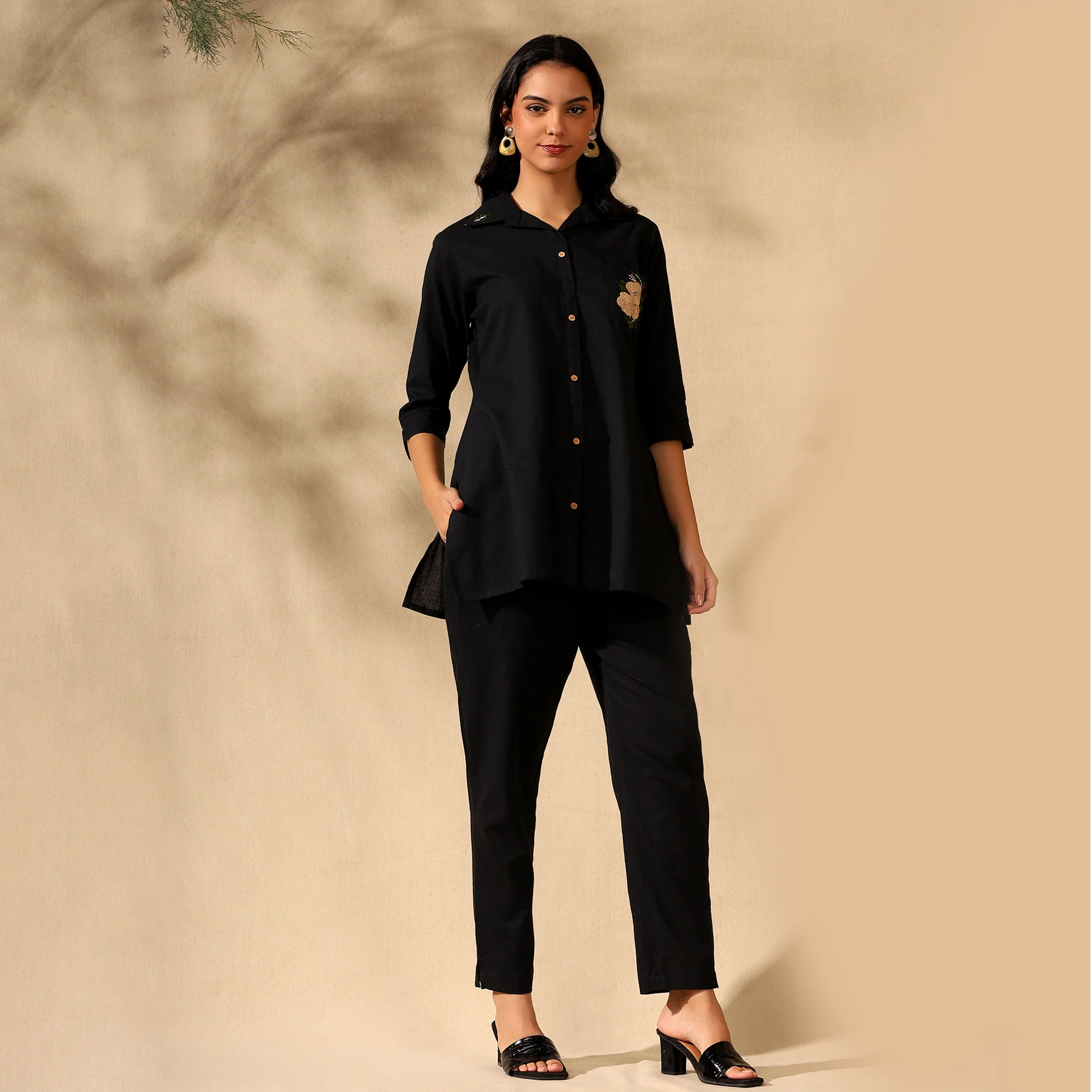 FLORAL EMBROIDERED COTTON CORD SET FOR WOMEN | SHIRT-PANT FUSION WEAR | BLACK - Image 5