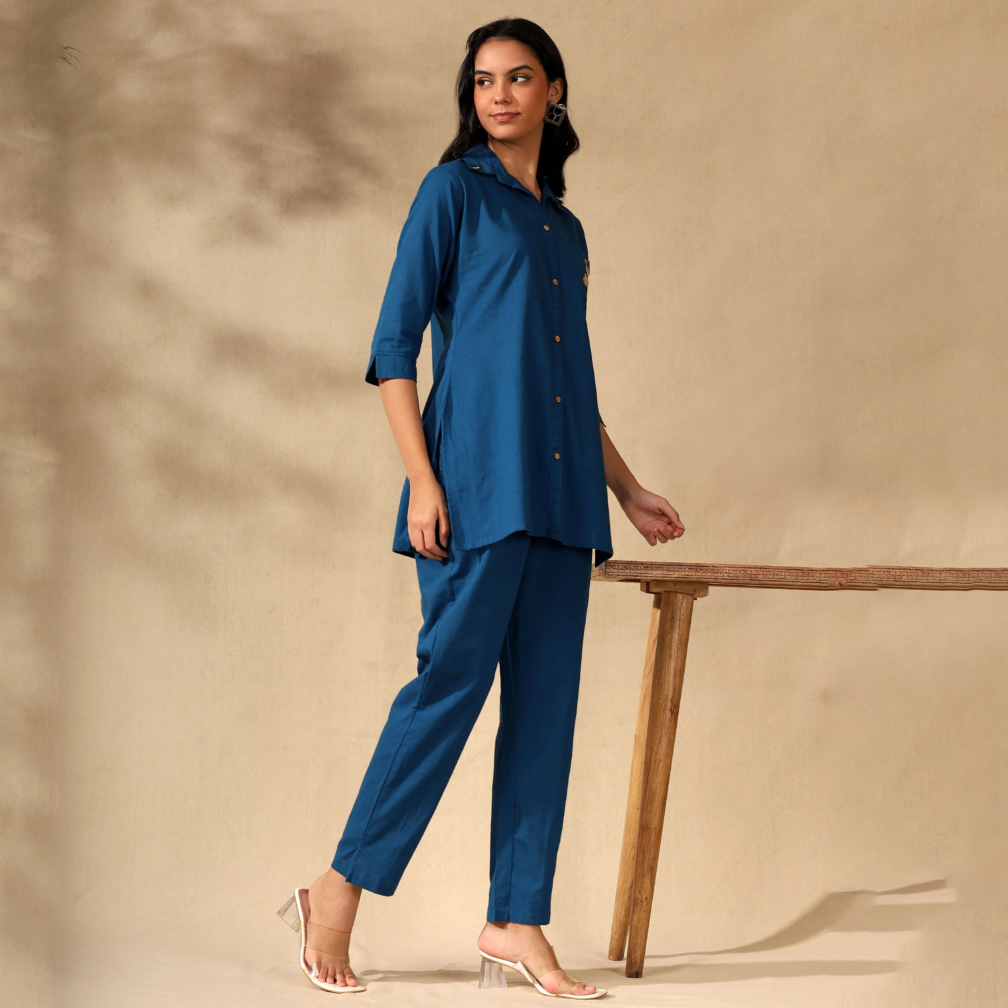 FLORAL EMBROIDERED COTTON CORD SET FOR WOMEN | SHIRT-PANT FUSION WEAR | BLUE - Image 4