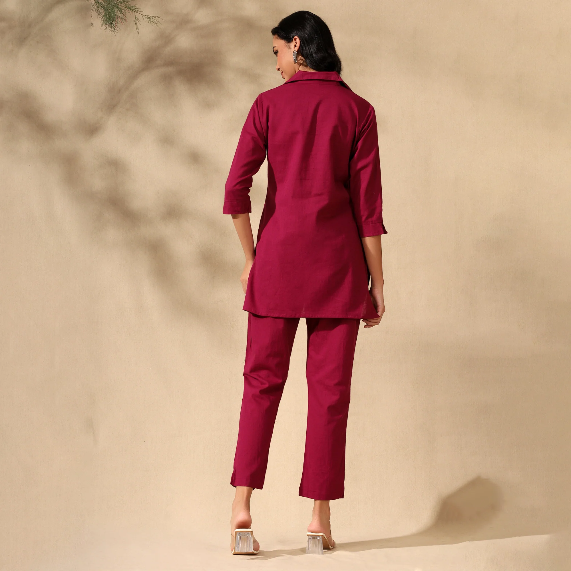FLORAL EMBROIDERED COTTON CORD SET FOR WOMEN | SHIRT-PANT FUSION WEAR | MAGENTA - Image 3