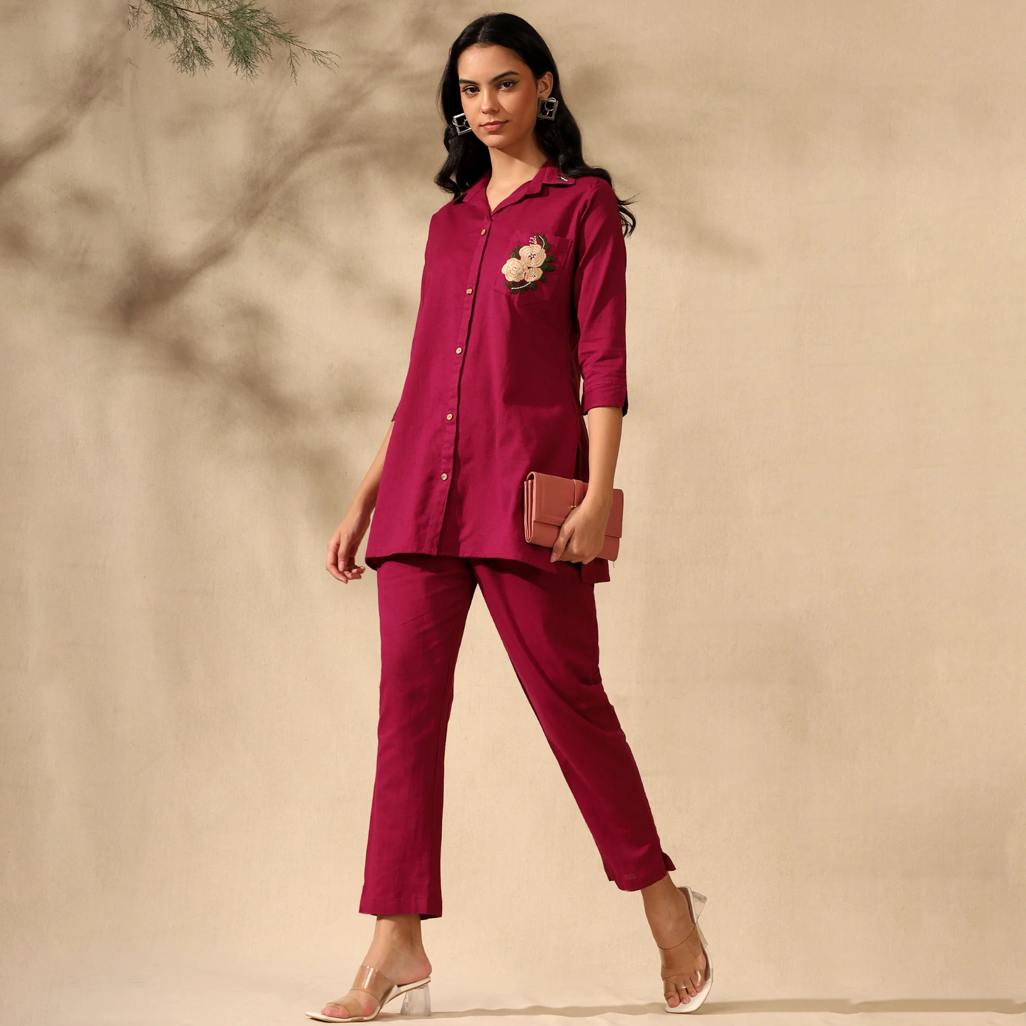 FLORAL EMBROIDERED COTTON CORD SET FOR WOMEN | SHIRT-PANT FUSION WEAR | MAGENTA - Image 4