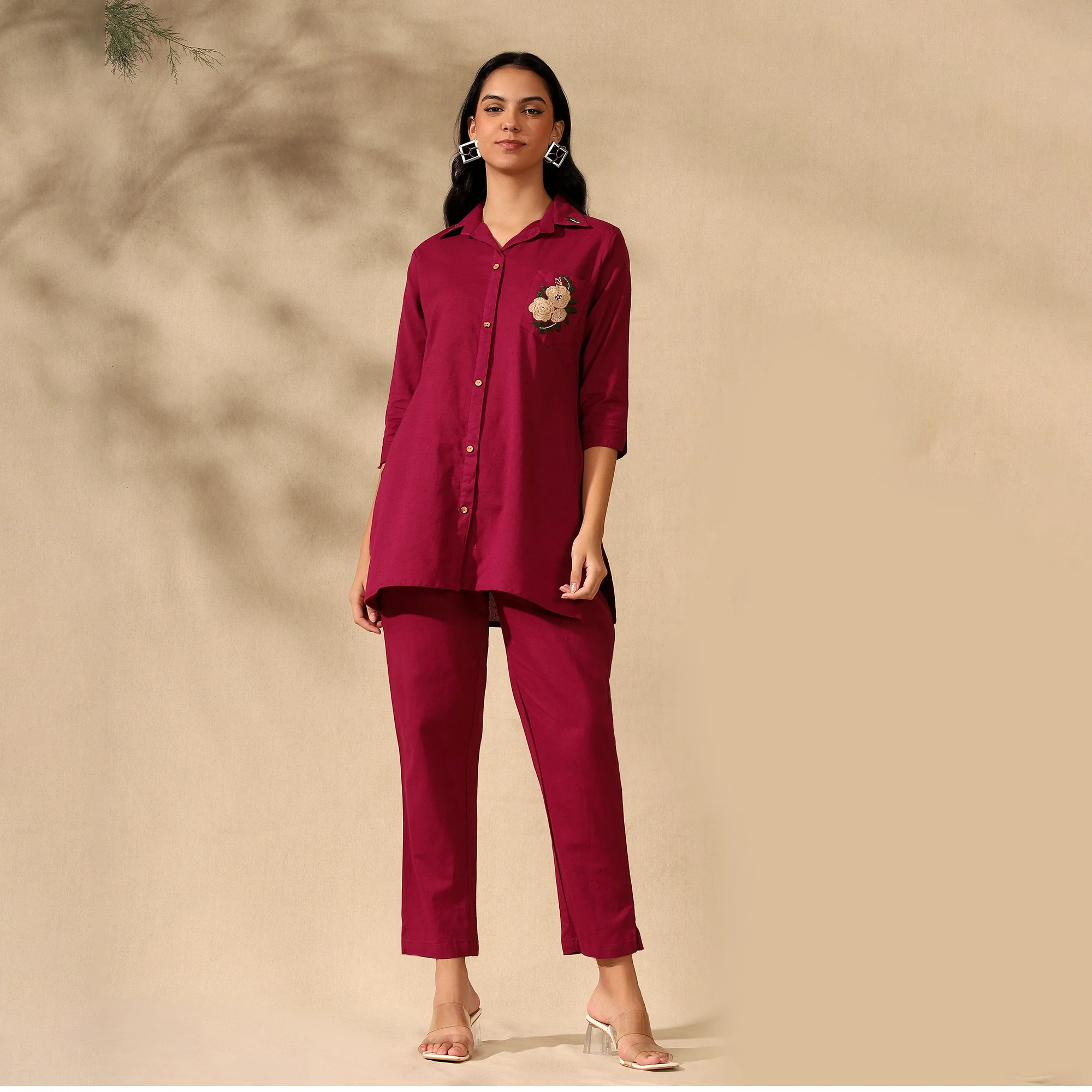 FLORAL EMBROIDERED COTTON CORD SET FOR WOMEN | SHIRT-PANT FUSION WEAR | MAGENTA - Image 6