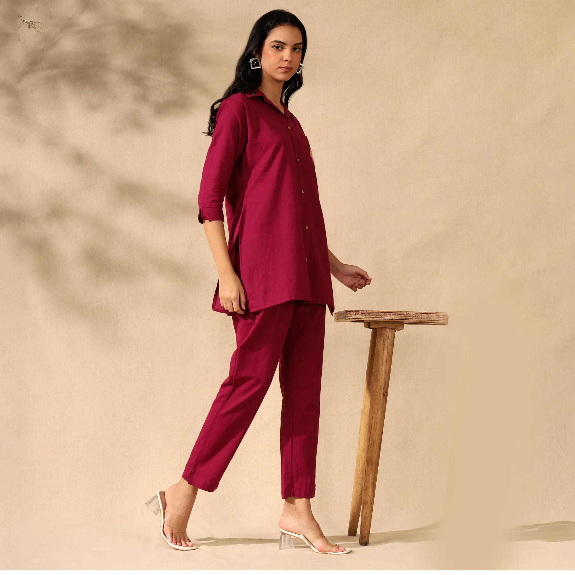 FLORAL EMBROIDERED COTTON CORD SET FOR WOMEN | SHIRT-PANT FUSION WEAR | MAGENTA - Image 7