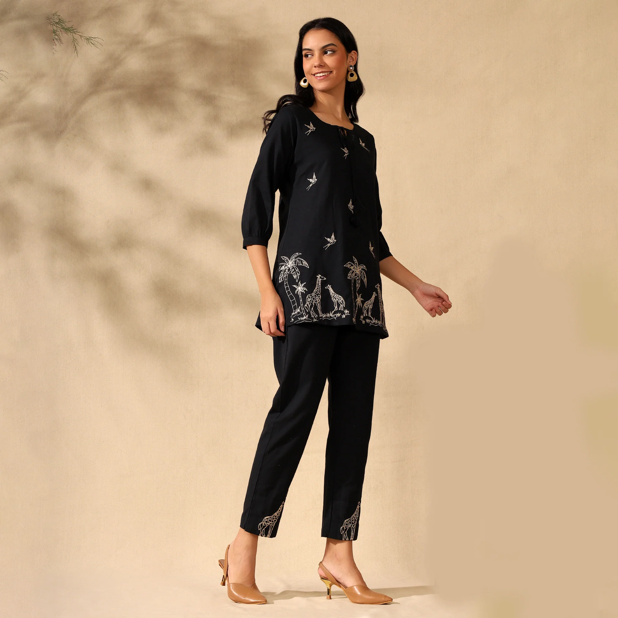 Embroidered Pure Cotton Tunic With Trousers Black Co-ord Set - Image 3
