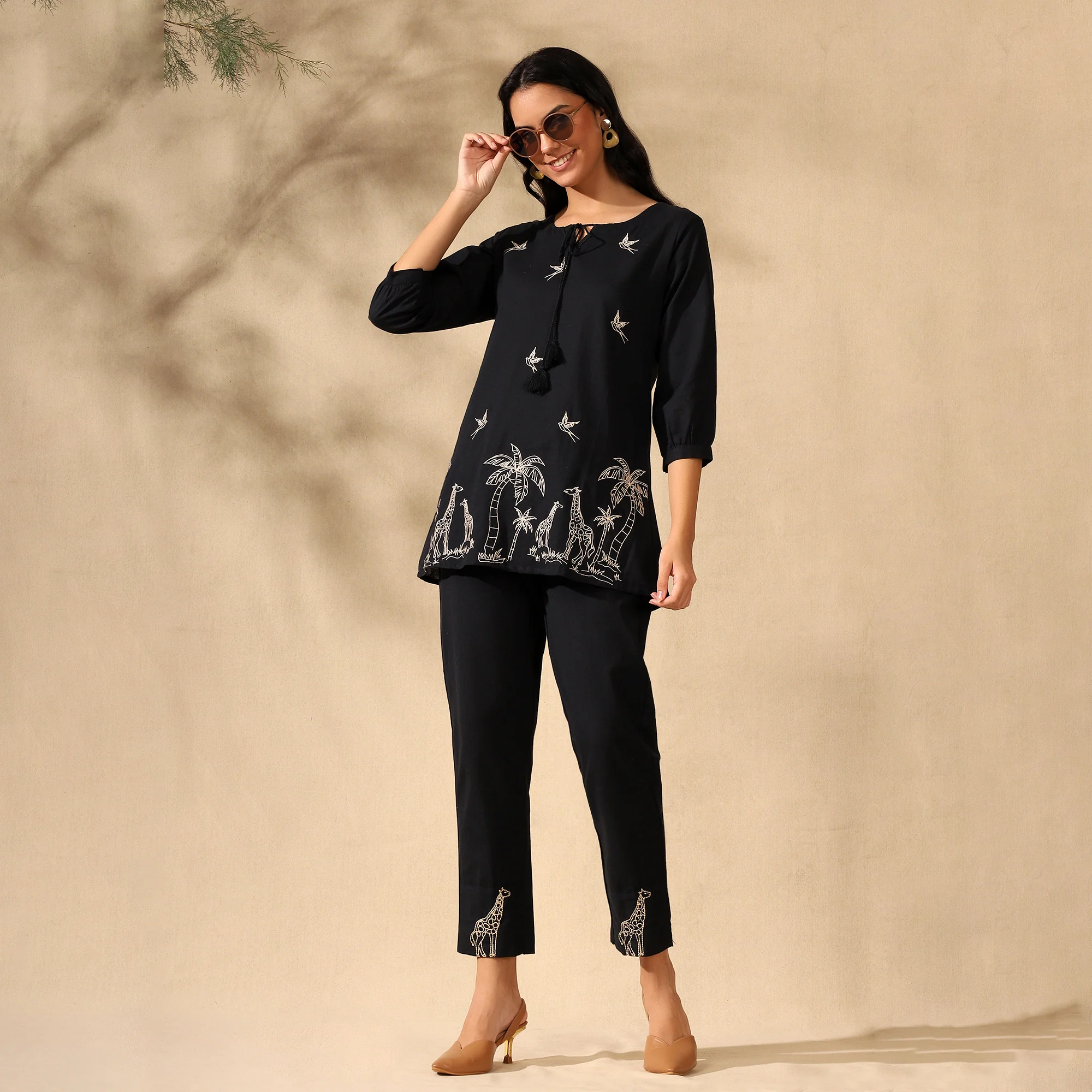 Embroidered Pure Cotton Tunic With Trousers Black Co-ord Set - Image 5