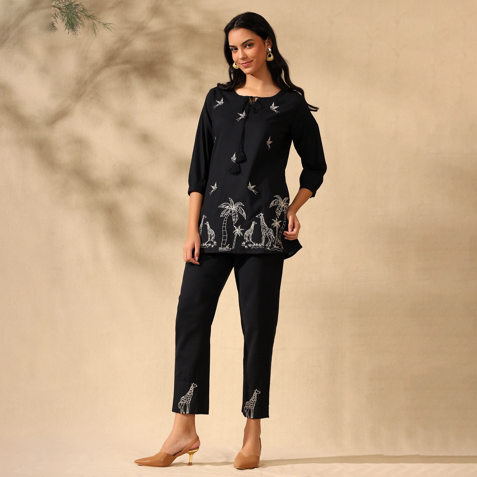 Embroidered Pure Cotton Tunic With Trousers Black Co-ord Set - Image 7
