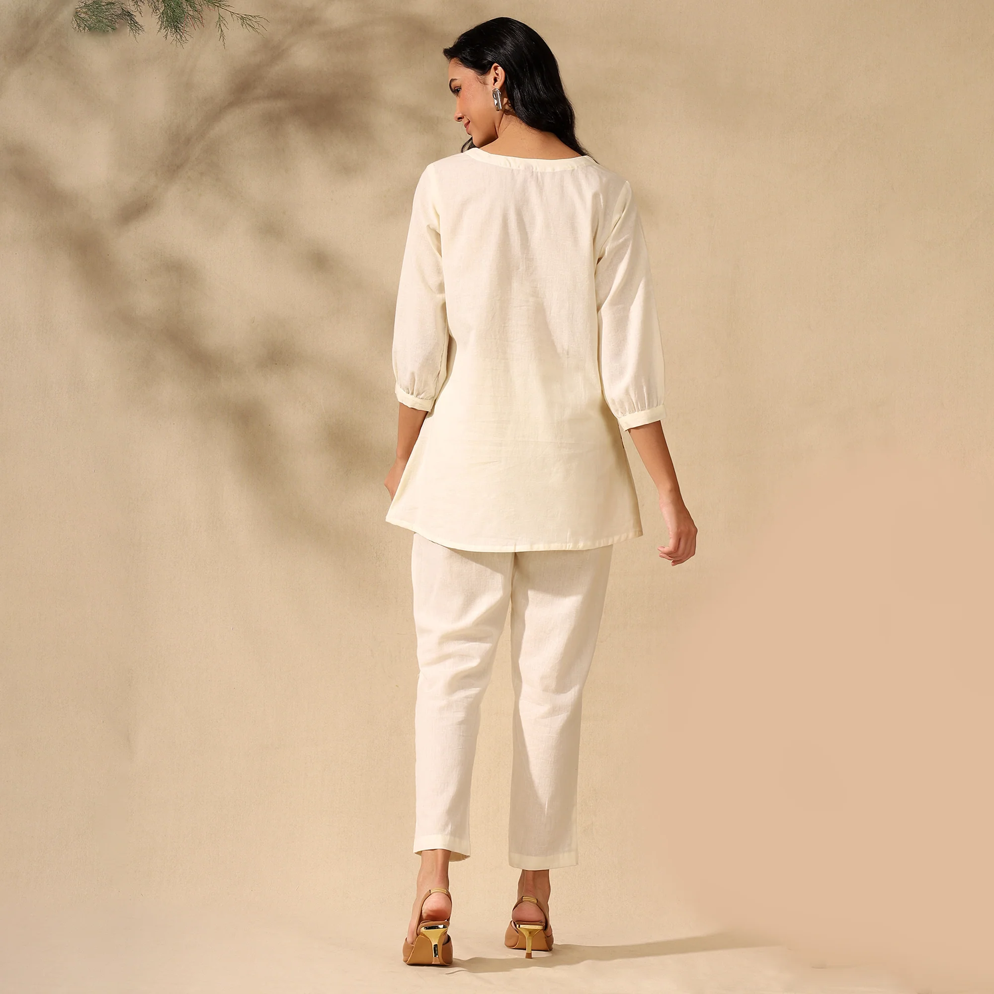 Embroidered Pure Cotton Tunic With Trousers Cream Co-ord Set - Image 3
