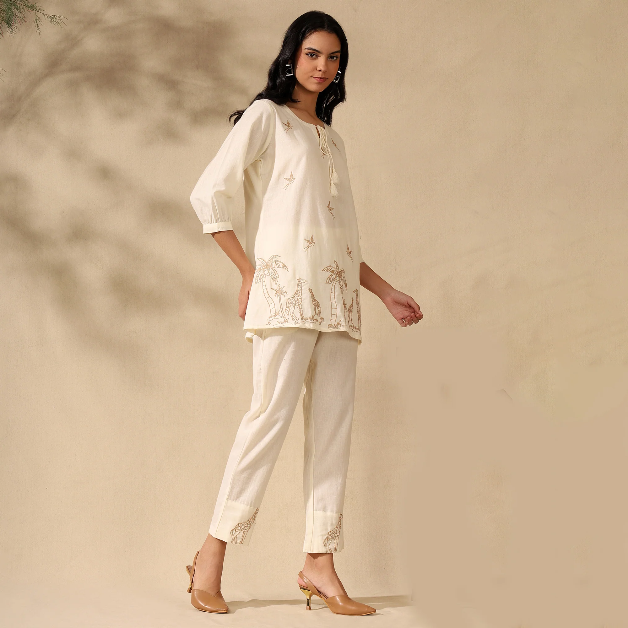 Embroidered Pure Cotton Tunic With Trousers Cream Co-ord Set - Image 5