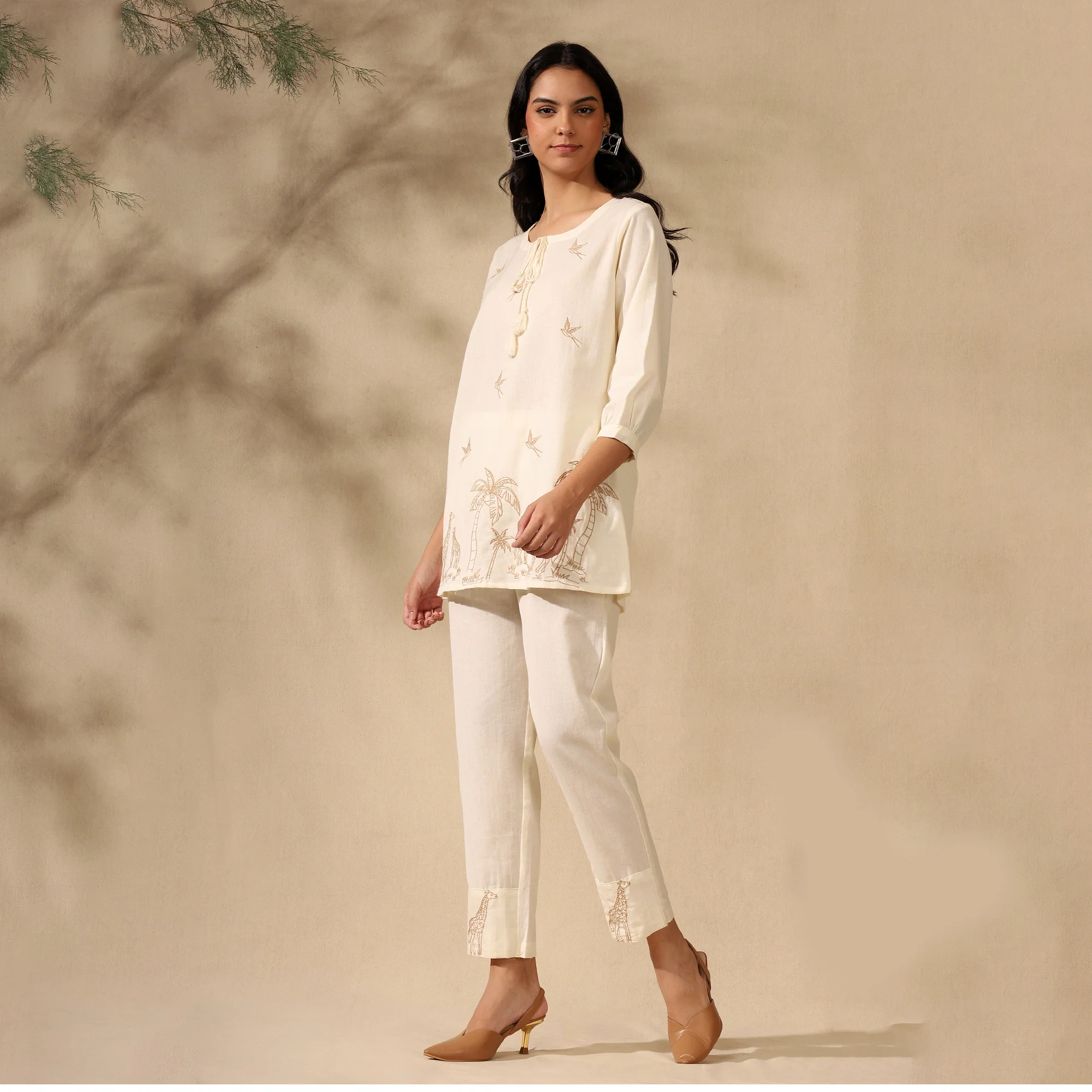 Embroidered Pure Cotton Tunic With Trousers Cream Co-ord Set - Image 7