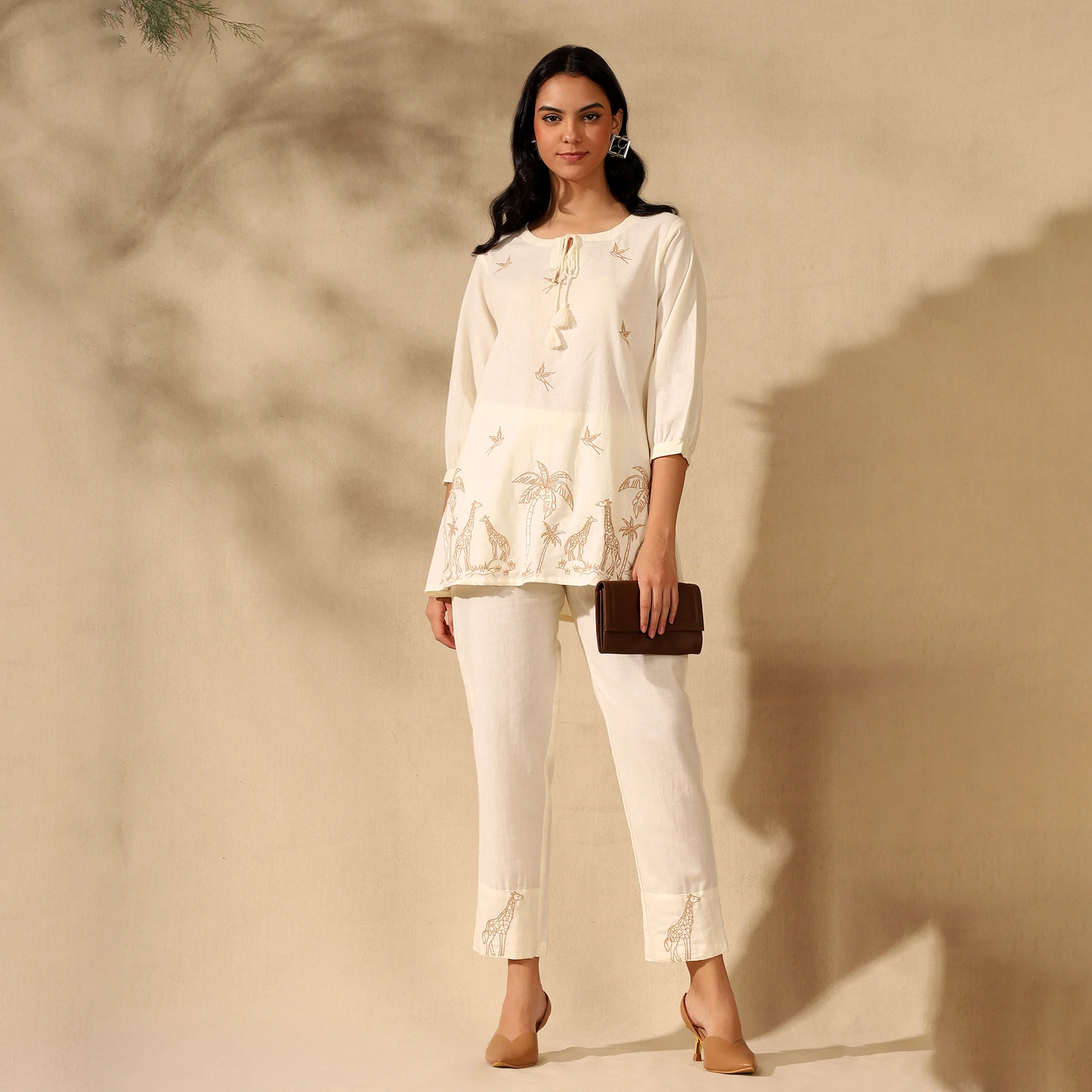 Embroidered Pure Cotton Tunic With Trousers Cream Co-ord Set - Image 8
