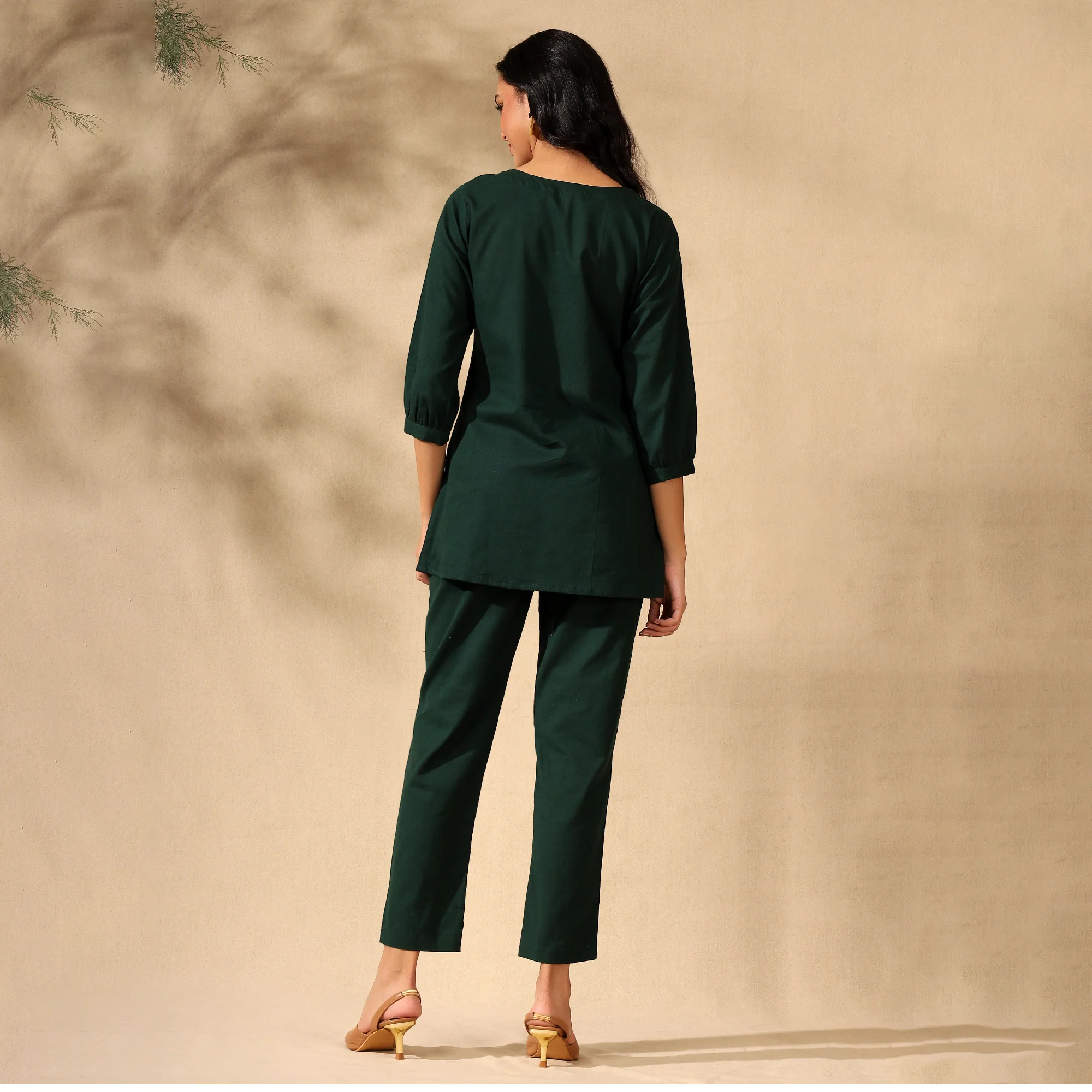 Embroidered Pure Cotton Tunic With Trousers Dark Green Co-ord Set - Image 3