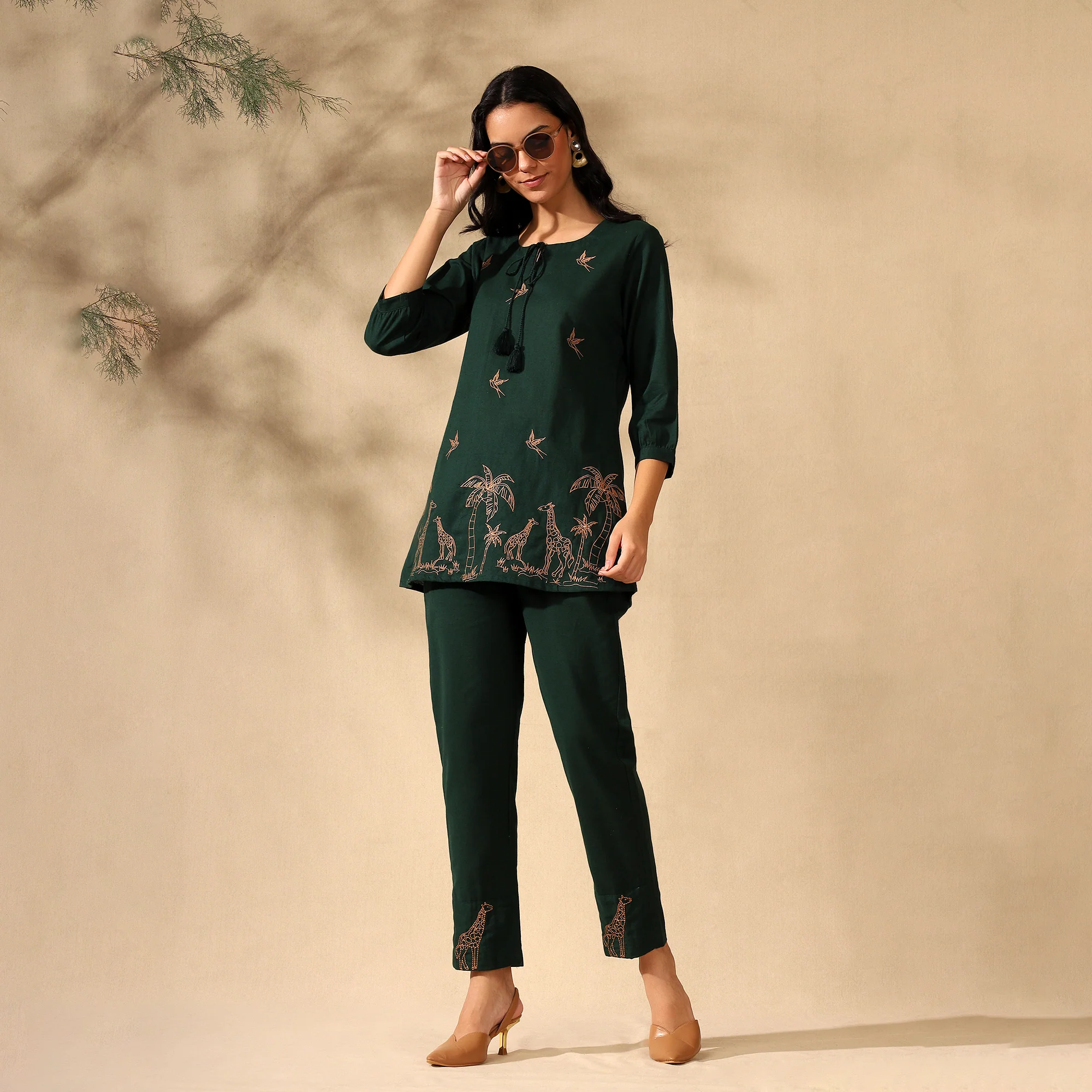 Embroidered Pure Cotton Tunic With Trousers Dark Green Co-ord Set - Image 4