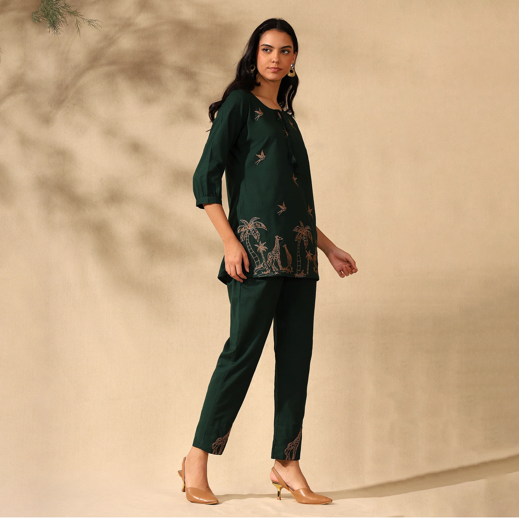 Embroidered Pure Cotton Tunic With Trousers Dark Green Co-ord Set - Image 6