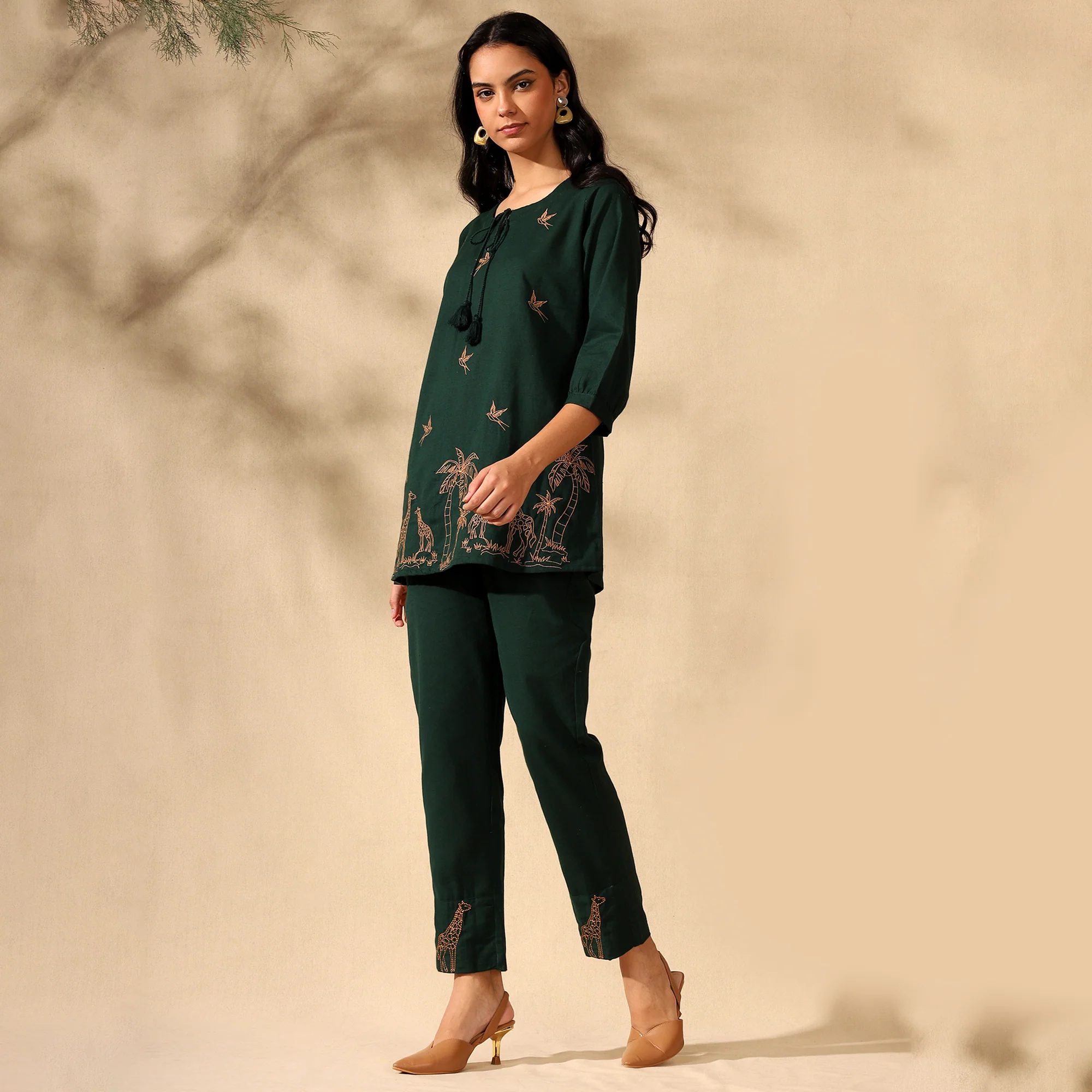 Embroidered Pure Cotton Tunic With Trousers Dark Green Co-ord Set - Image 8