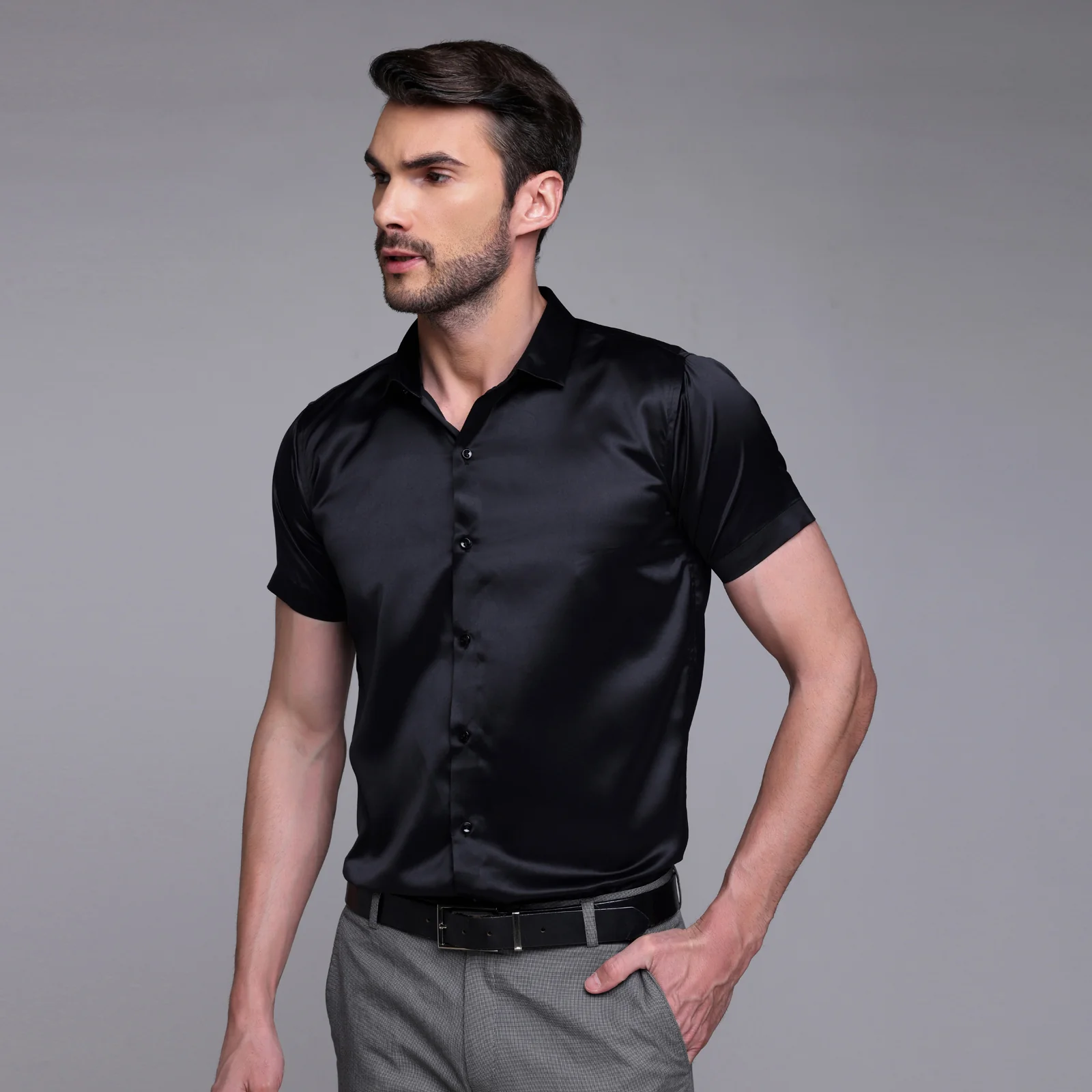 Men’s Satin Half Sleeve Formal Shirt – Premium Soft & Shiny Finish-Black - Image 2