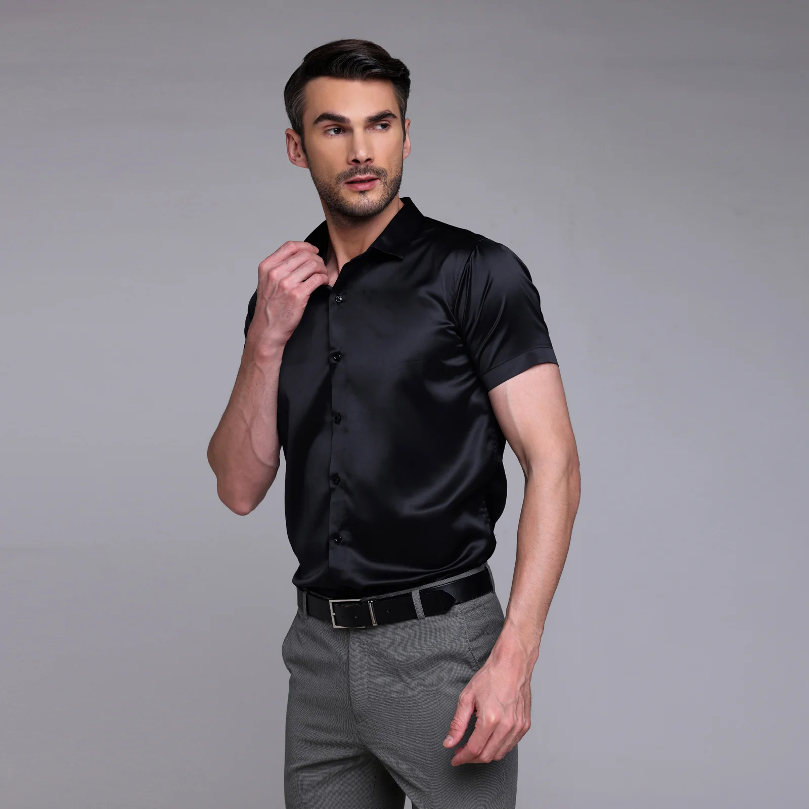 Men’s Satin Half Sleeve Formal Shirt – Premium Soft & Shiny Finish-Black - Image 3
