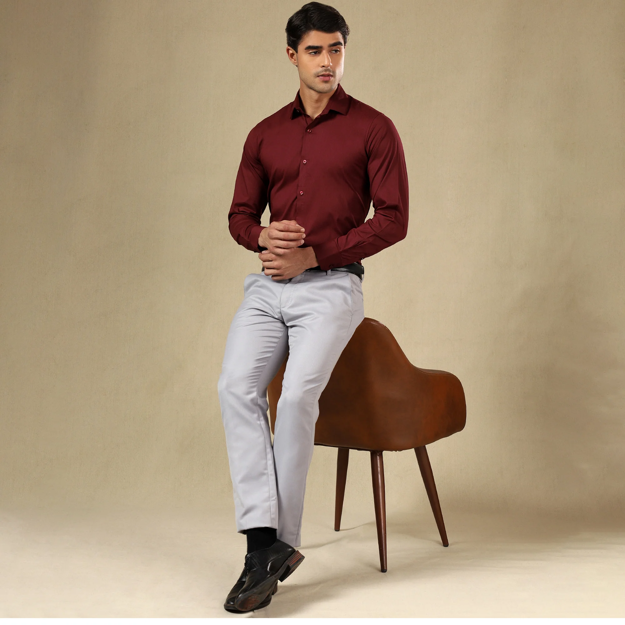 Premium SELF STRIPED SHIRTS FOR MEN - Textured Formal Shirts Collection | Professional Office Wear-Maroon - Image 4
