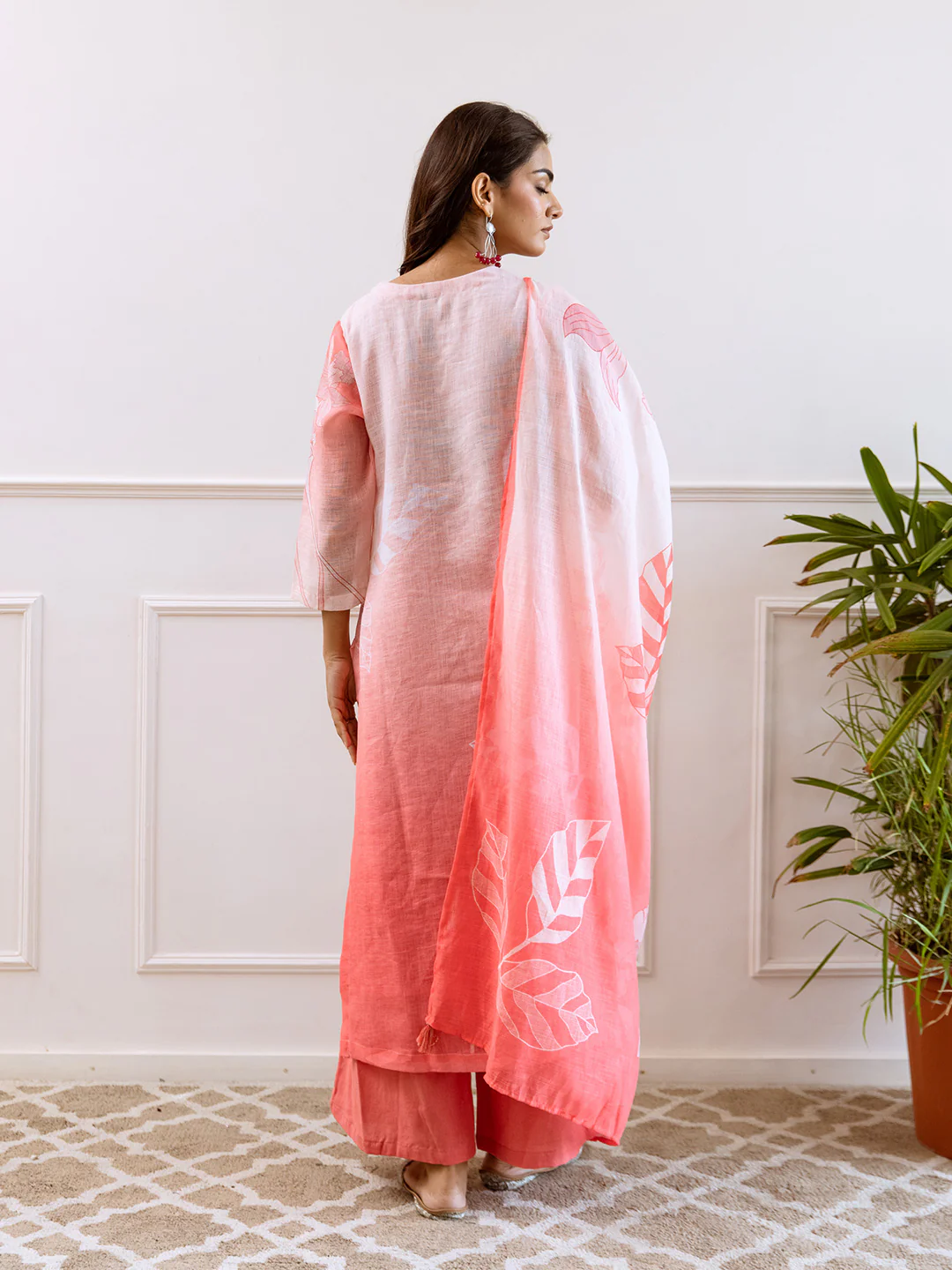 FLORAL PRINTED LINEN STRAIGHT KURTA SET WITH DUPATTA | THREE-PIECE ETHNIC WEAR FOR WOMEN | PLUS SIZE AVAILABLE-Light Pink - Image 3